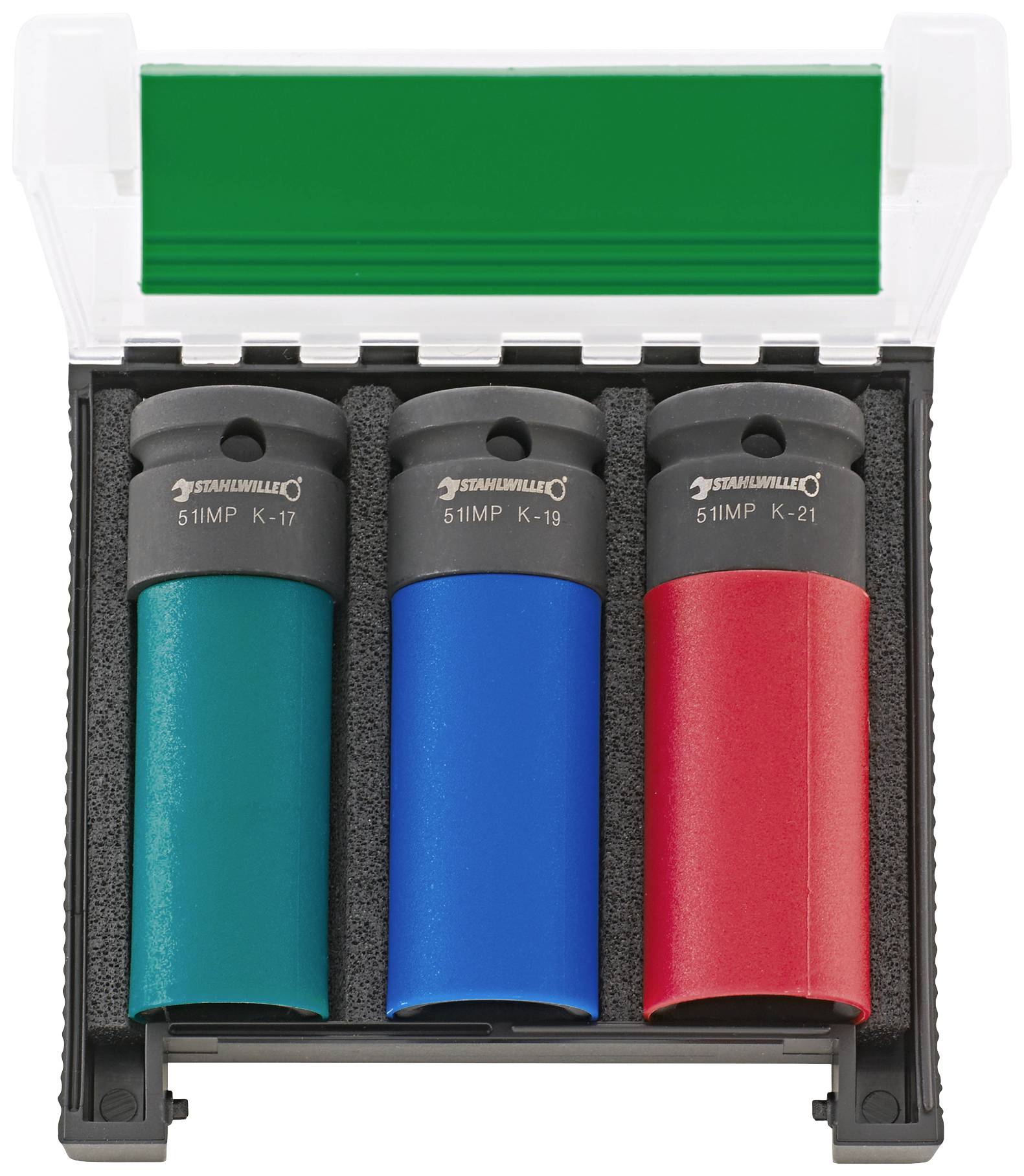 Trois douilles de clé à couleurs différentes (vert, bleu, rouge) dans un boîtier en plastique noir avec un couvercle transparent.