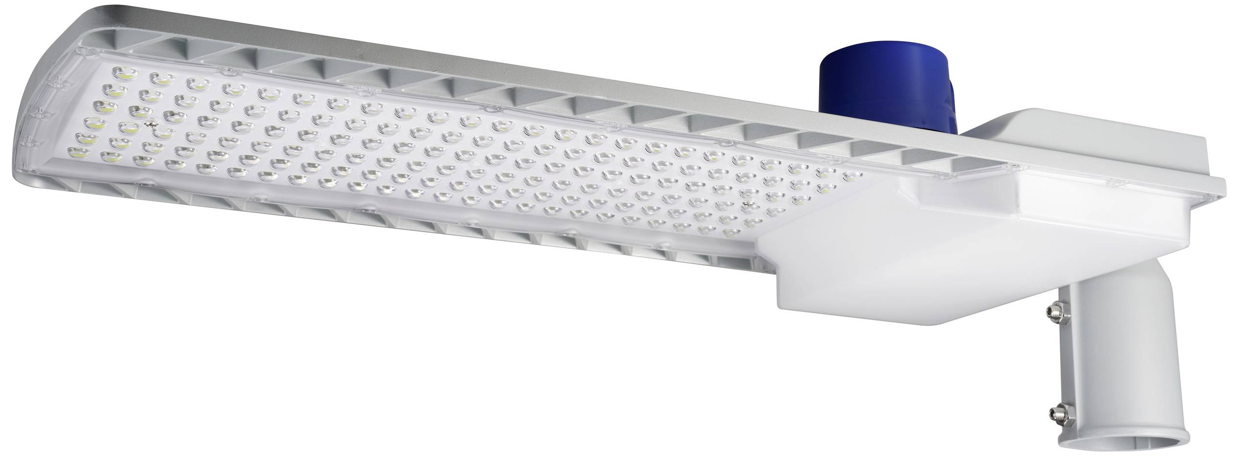 Un corps d'éclairage de rue rectangulaire à LED avec de nombreuses petites ampoules. Un composant bleu est installé en haut.