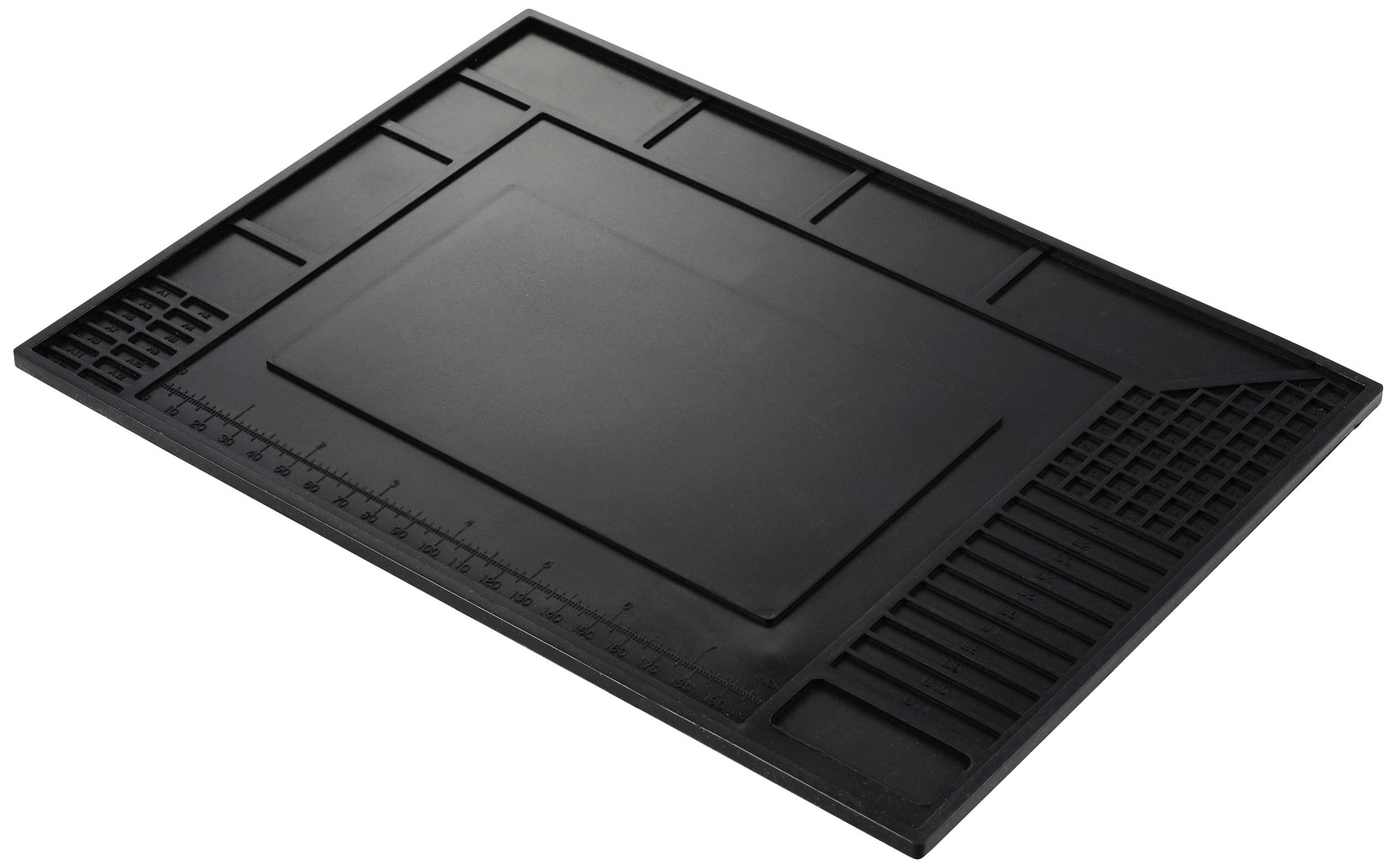 Un tapis de démontage en silicone noir, rectangulaire, avec différents compartiments et grilles pour organiser les outils et les petites pièces.