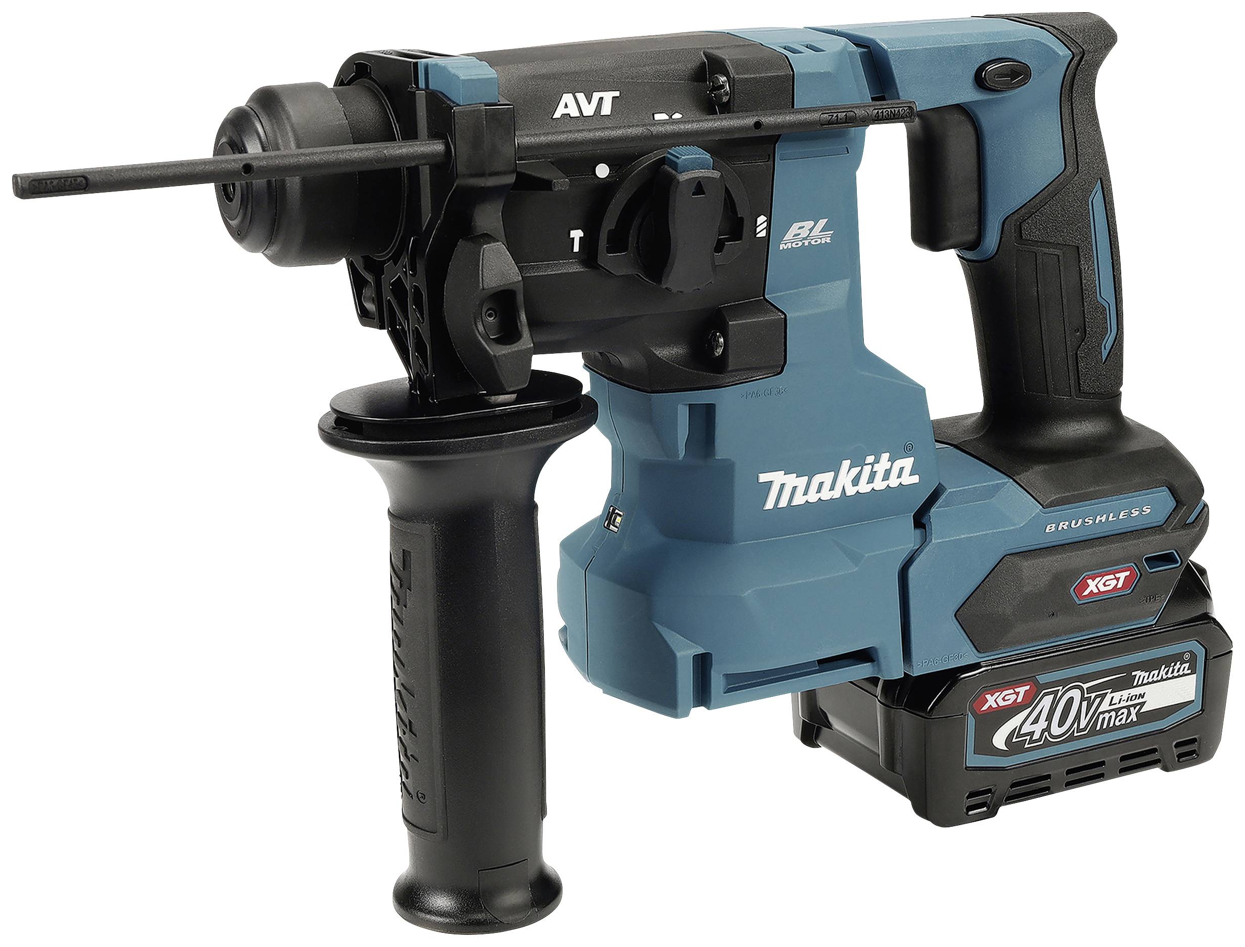 Perceuse Makita bleue avec poignée noire et batterie. Logo de l'entreprise sur le côté, adaptée aux travaux de construction intensifs.