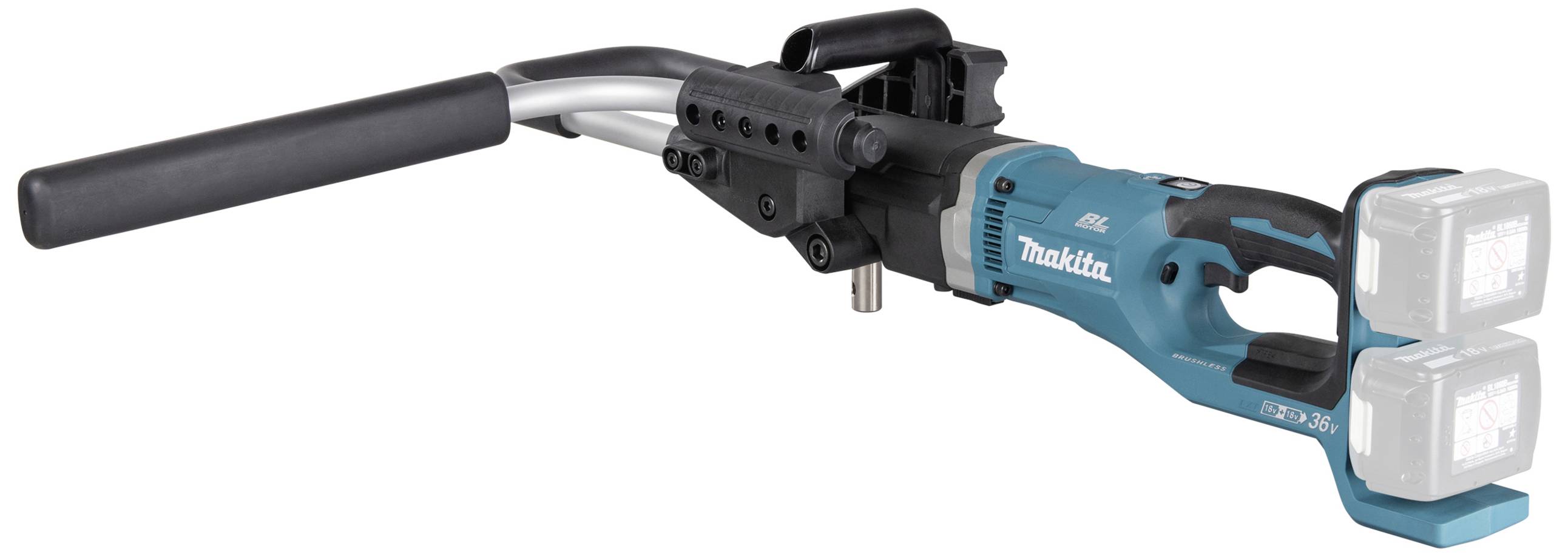 Rouleau à bande sans fil Makita avec support double batterie, poignée ergonomique et levier long et réglable.