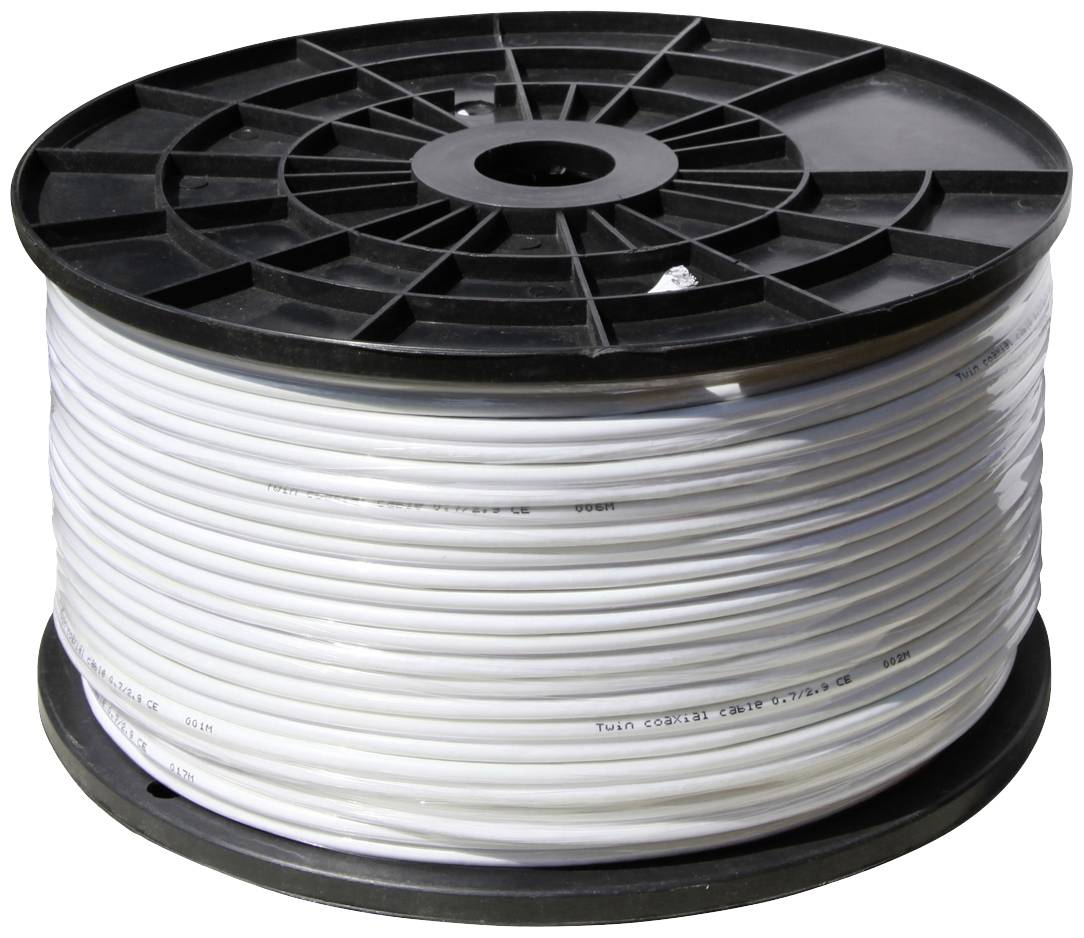Une grande bobine noire en plastique enroulée d'un câble blanc, adaptée aux installations électriques ou aux câblages.