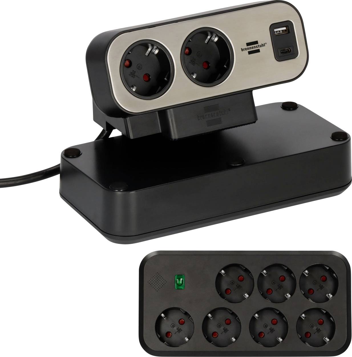 Une rallonge multiple rétractable noire et argentée avec deux prises de courant, des ports USB et une base ; au-dessous, une deuxième vue montre une version à six prises.