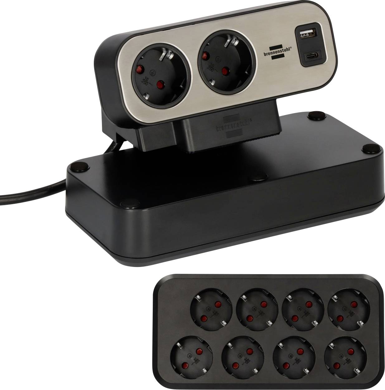 Multiprise noir et argent avec deux prises à terre et deux ports USB, présentée avec un panneau de socle à 8 prises séparé sur un fond blanc.