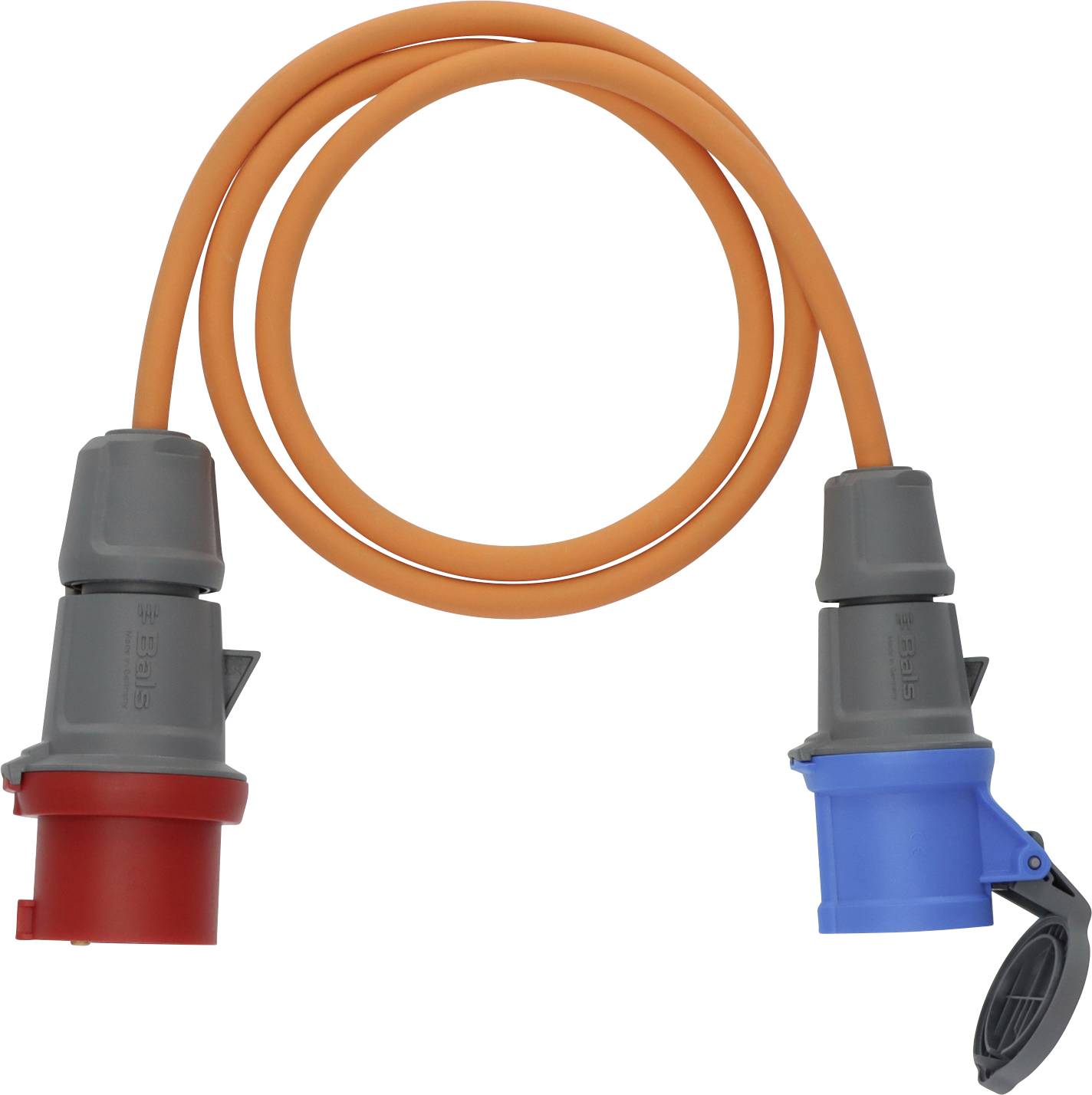 Câble d'alimentation orange avec connecteurs de prise industrielle rouge et bleu à chaque extrémité, enroulé sur fond blanc.