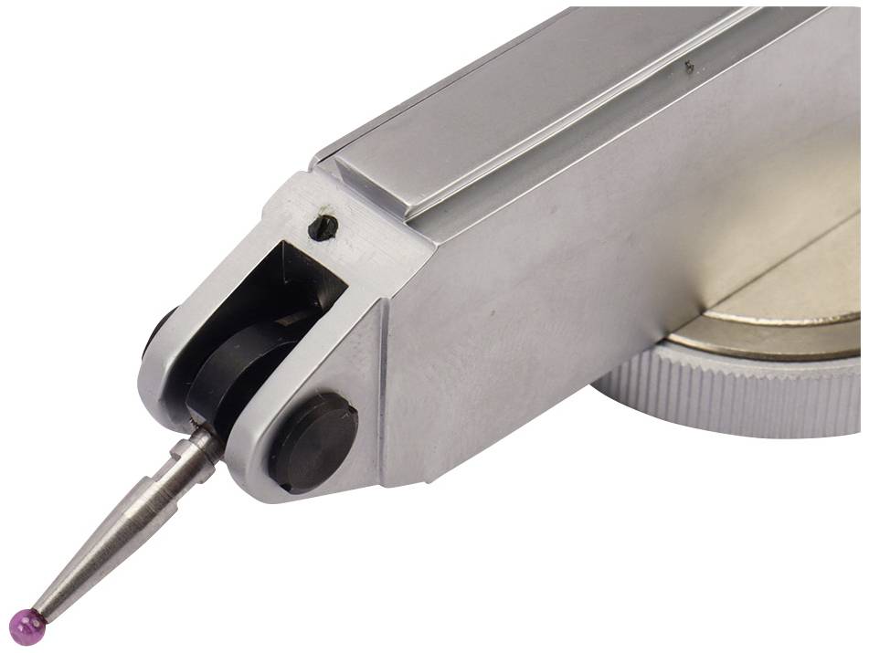 Un outil de précision doté d'un boîtier métallique et d'une petite pointe de mesure rose, utilisé pour des mesures précises.