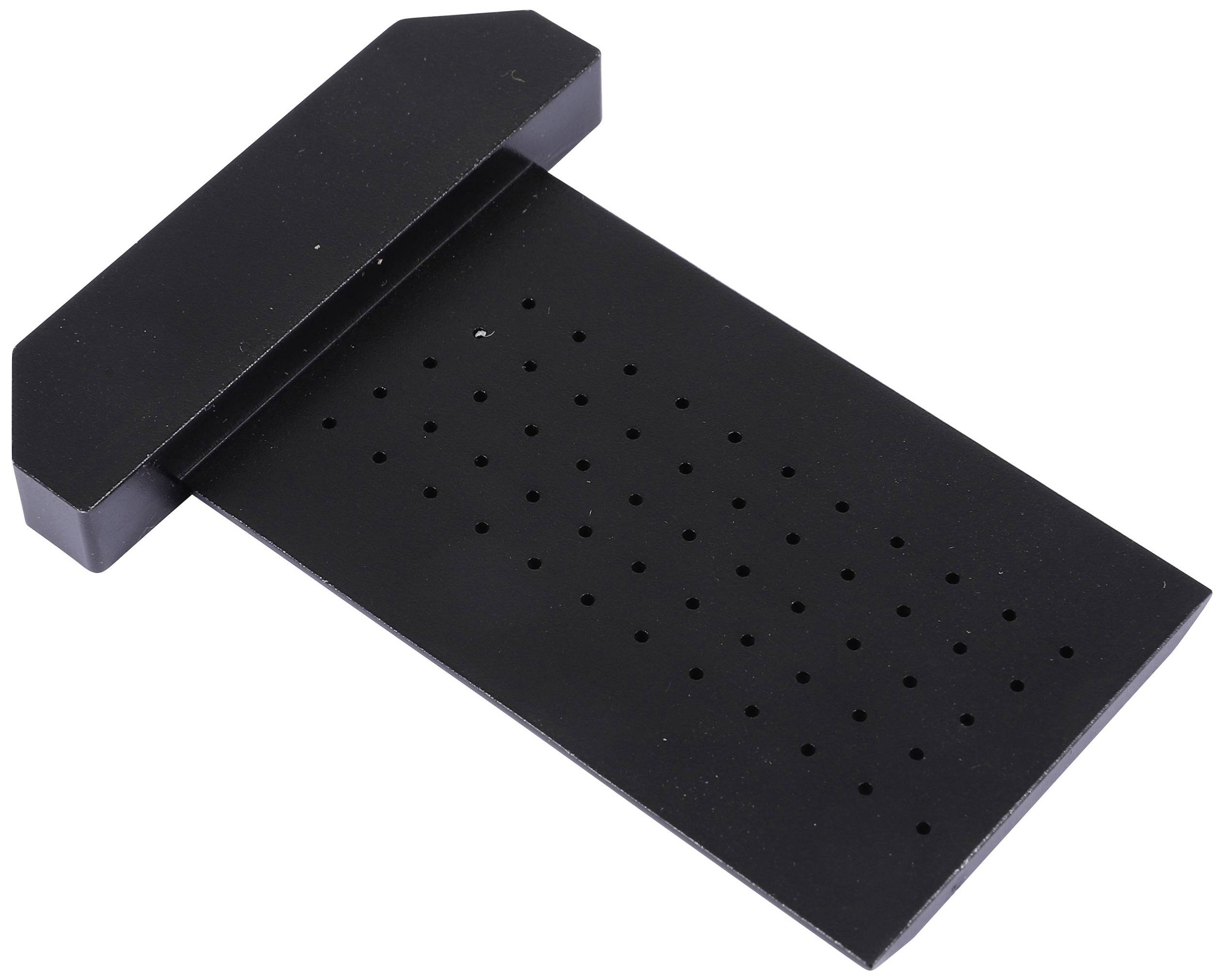 Support noir, rectangulaire et plat avec surface perforée et extrémité en forme de T. Adapté pour la fixation ou le support.