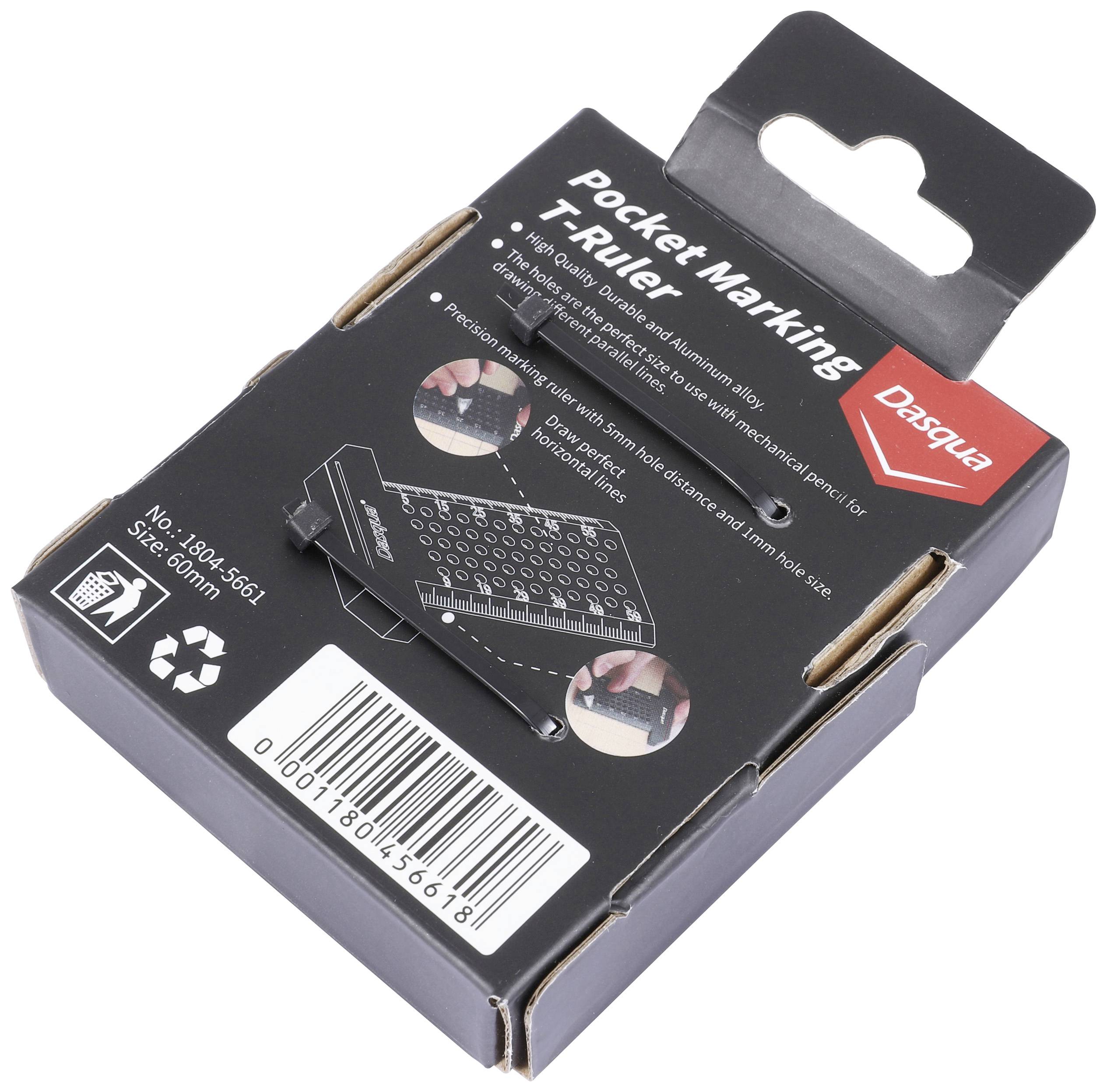 Emballage noir d'un 'Pocket & Marking T-Ruler' de Doqqua avec image de l'outil et code-barres, décrivant les fonctions et les applications.