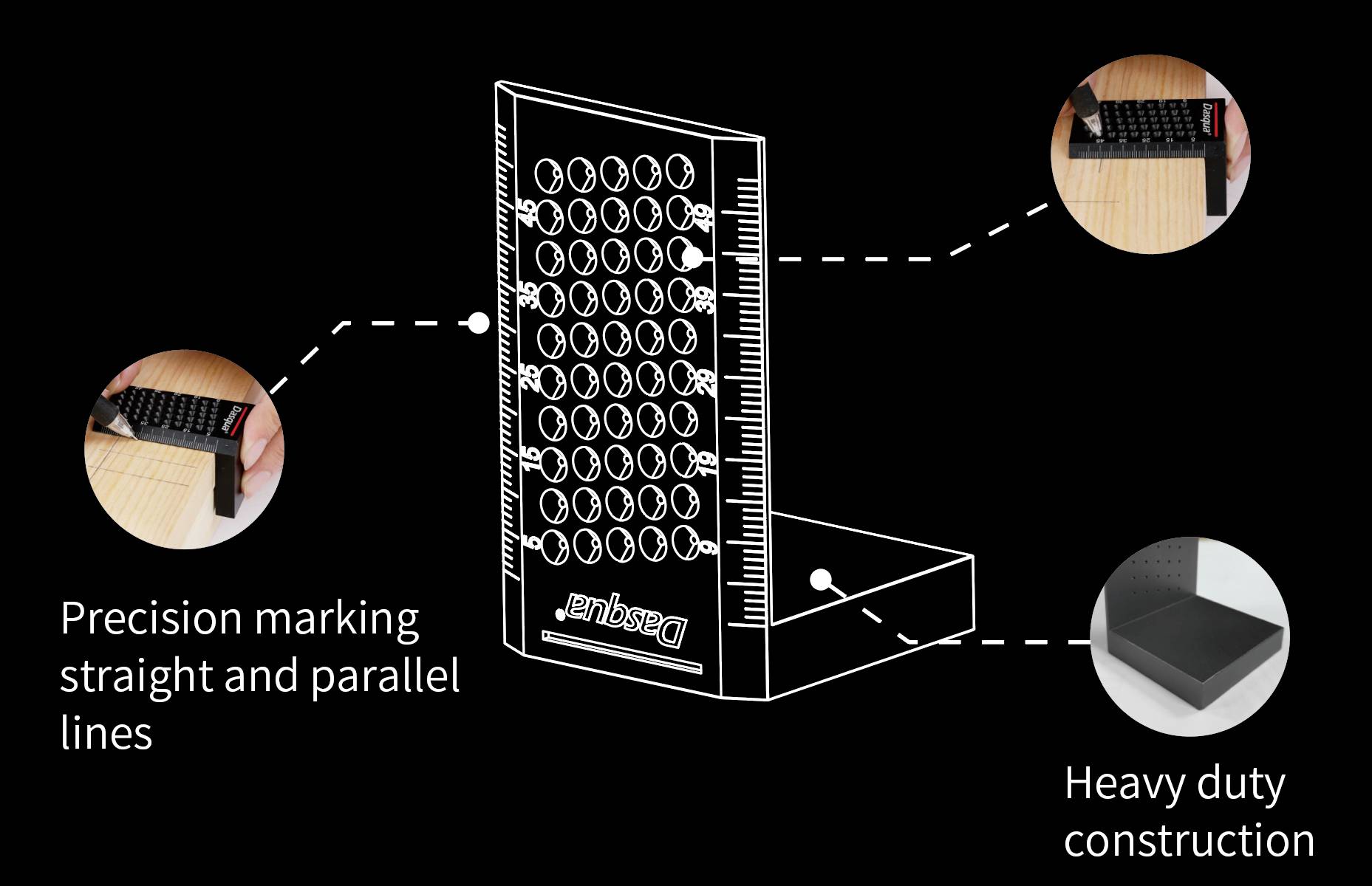 Outil avec des lignes de mesure pour un marquage précis. Les détails montrent des lignes parallèles et une construction robuste. Idéal pour des mesures exactes.