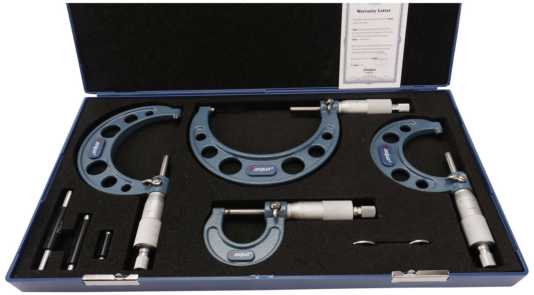 Dasqua 4111-8210 Jeu de 4 micromètres extérieurs 0 - 100 mm Lecture: 0.01 mm