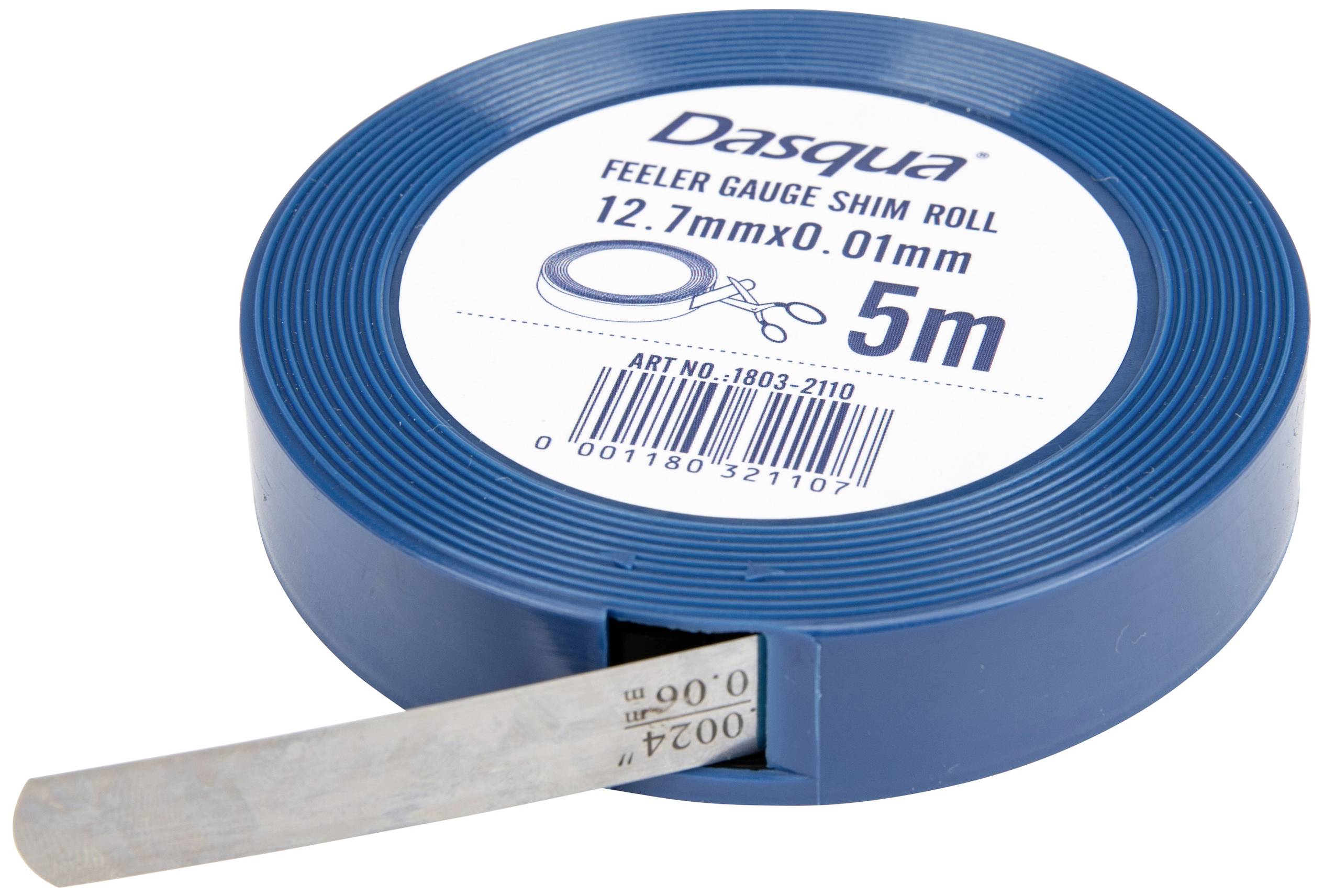 Une bobine bleue avec un ruban de jauge d'épaisseur de 5 mètres de long et de 0,01 mm d'épaisseur. Étiquetée 'Dasqua Feeler Gauge Shim Roll'.