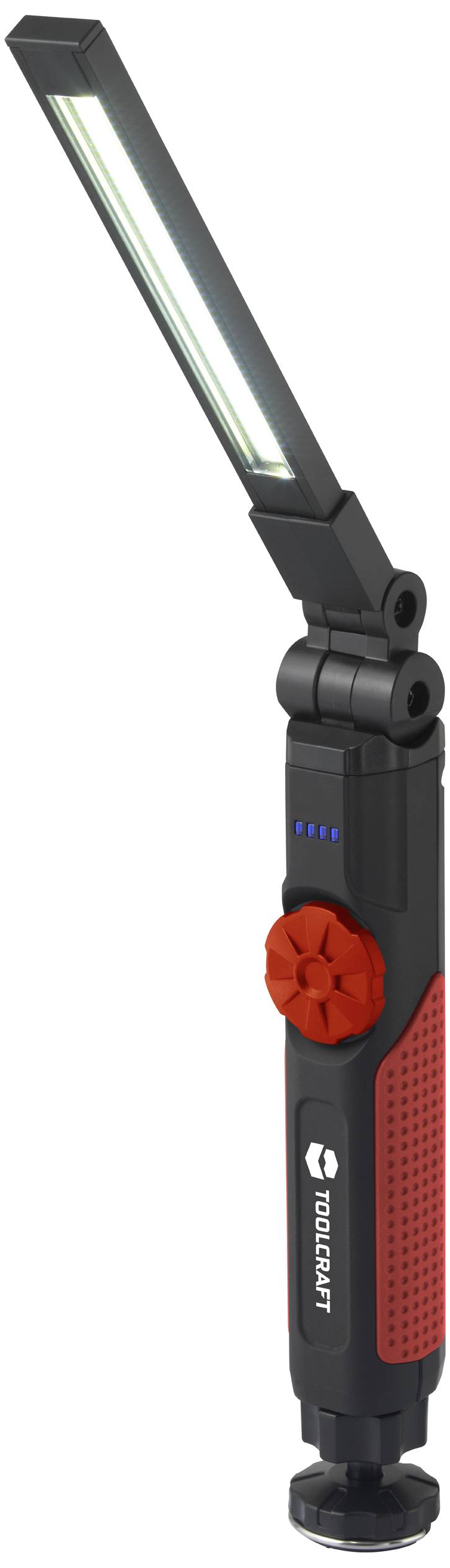 Lampe LED portable avec bras lumineux rabattable et poignée rouge. Adaptée pour un éclairage flexible dans les ateliers ou les garages.