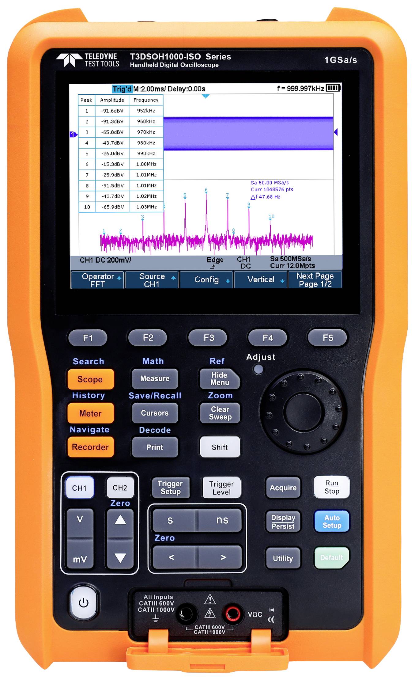 Oscilloscope portable orange avec écran graphique affichant des formes d'ondes de signaux. Touches de contrôle et de configuration des fonctions visibles.