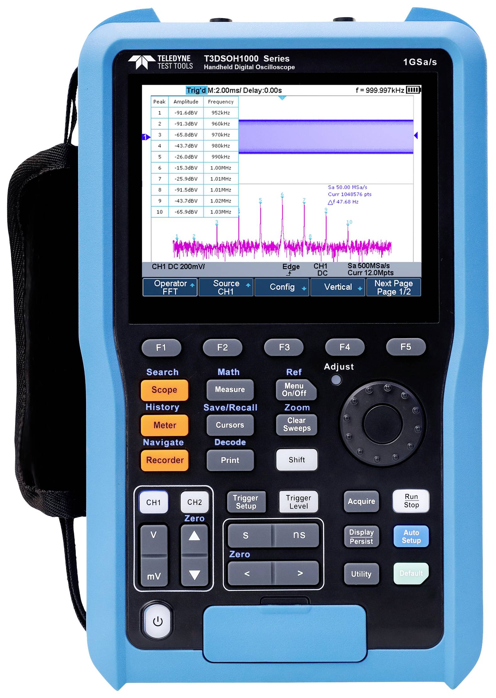 Oscilloscope numérique portable avec affichage à l'écran des données de mesure et touches de menu pour les réglages et la navigation.