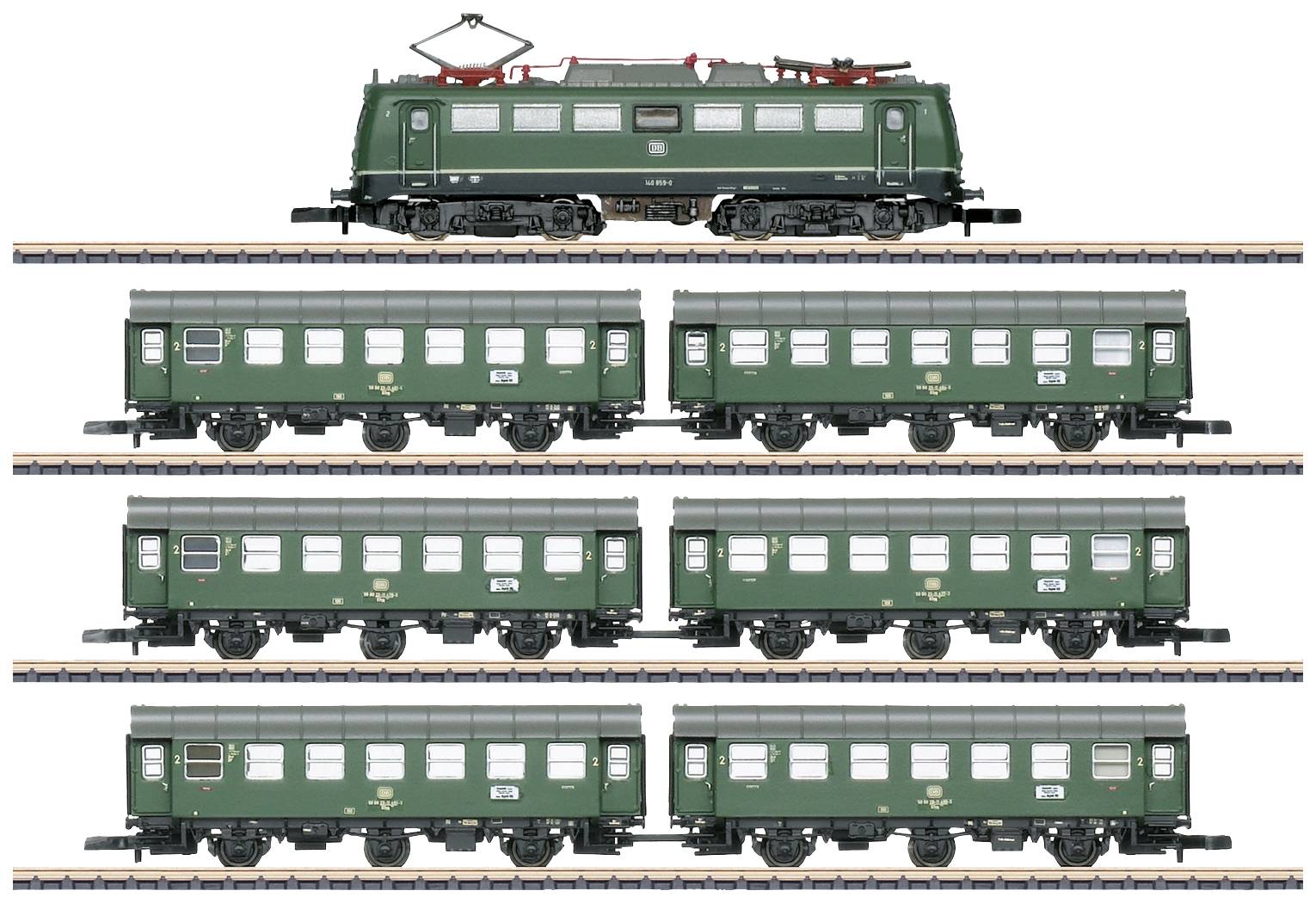 Un ensemble de train miniature composé d'une locomotive verte avec un pantographe et cinq wagons de passagers assortis sur des rails.