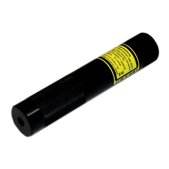 Un pointeur laser noir avec une étiquette d'avertissement jaune.