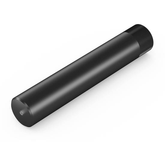Long objet cylindrique noir, probablement un dispositif technique ou un boîtier, sur un fond blanc.