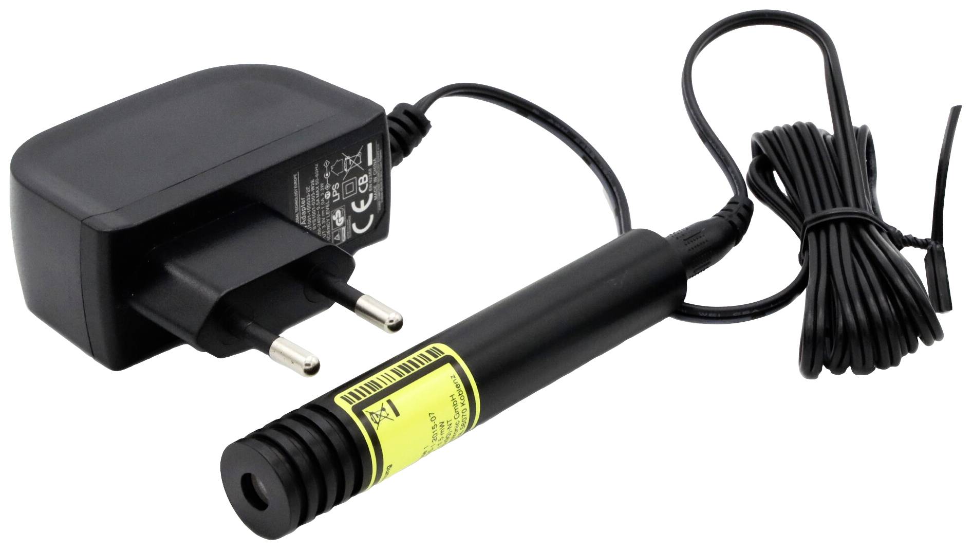 Pointeur laser noir avec alimentation UE et long câble. Initialement développé pour des présentations ou des applications similaires.