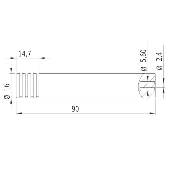 Dessin technique d'une pièce cylindrique avec indications de longueur et de diamètre : longueur 90 mm, diamètre principal 16 mm.