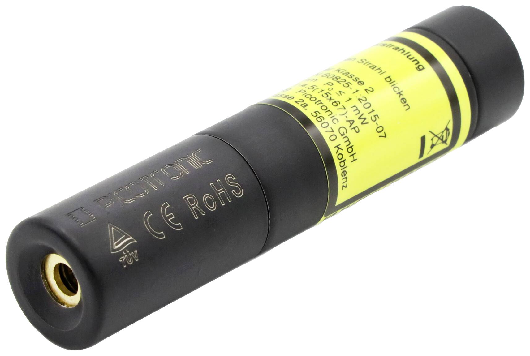 Batterie noire avec étiquette jaune et spécifications techniques. Adaptée aux appareils électriques.