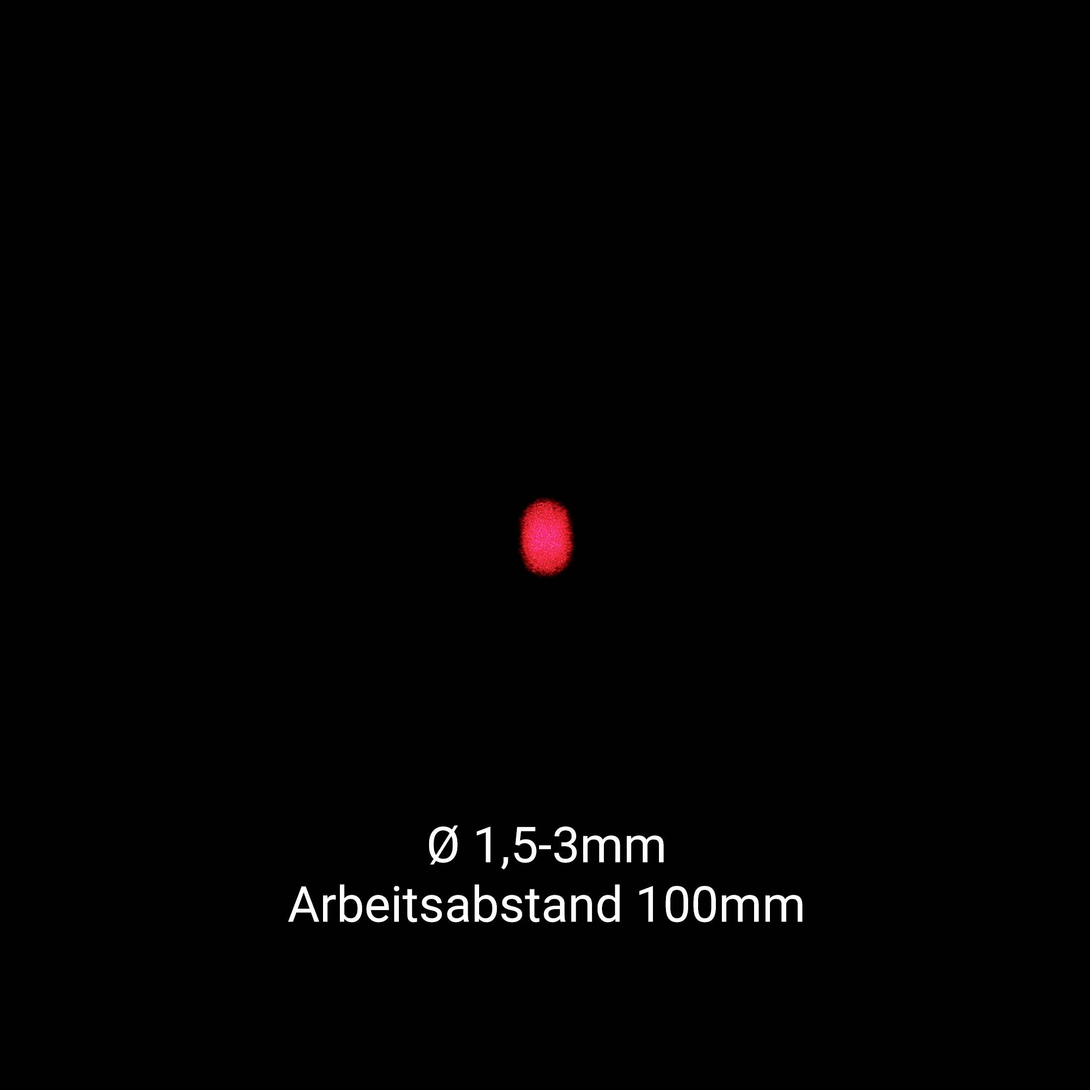 Point rouge au centre sur un fond noir avec le texte : « Ø 1,5-3 mm Distance de travail 100 mm ».