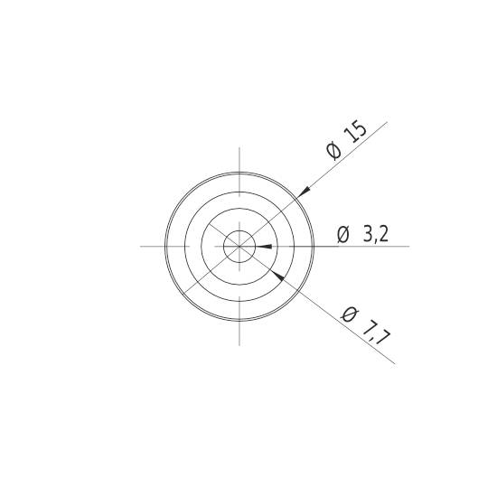 Dessin technique d'un cercle avec des diamètres : 15 mm, 3,2 mm et 7,7 mm. Différents plans sont identifiables.