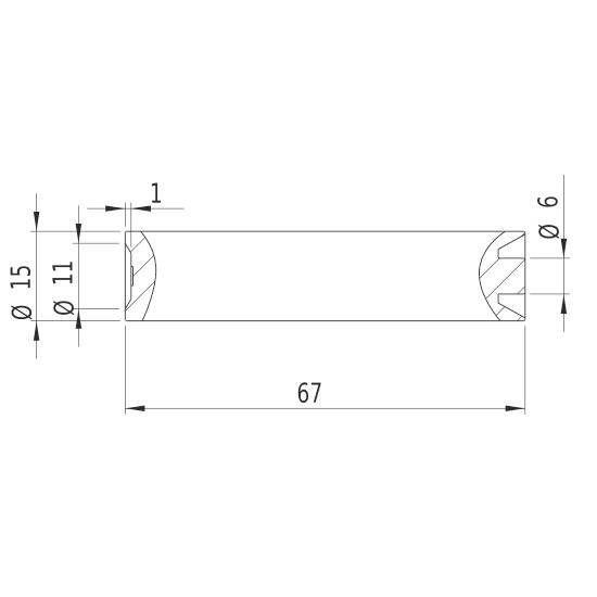 Dessin technique d'un composant cylindrique. Diamètre : 15 mm, longueur : 67 mm, sections à diamètres réduits : 11 mm et 6 mm.