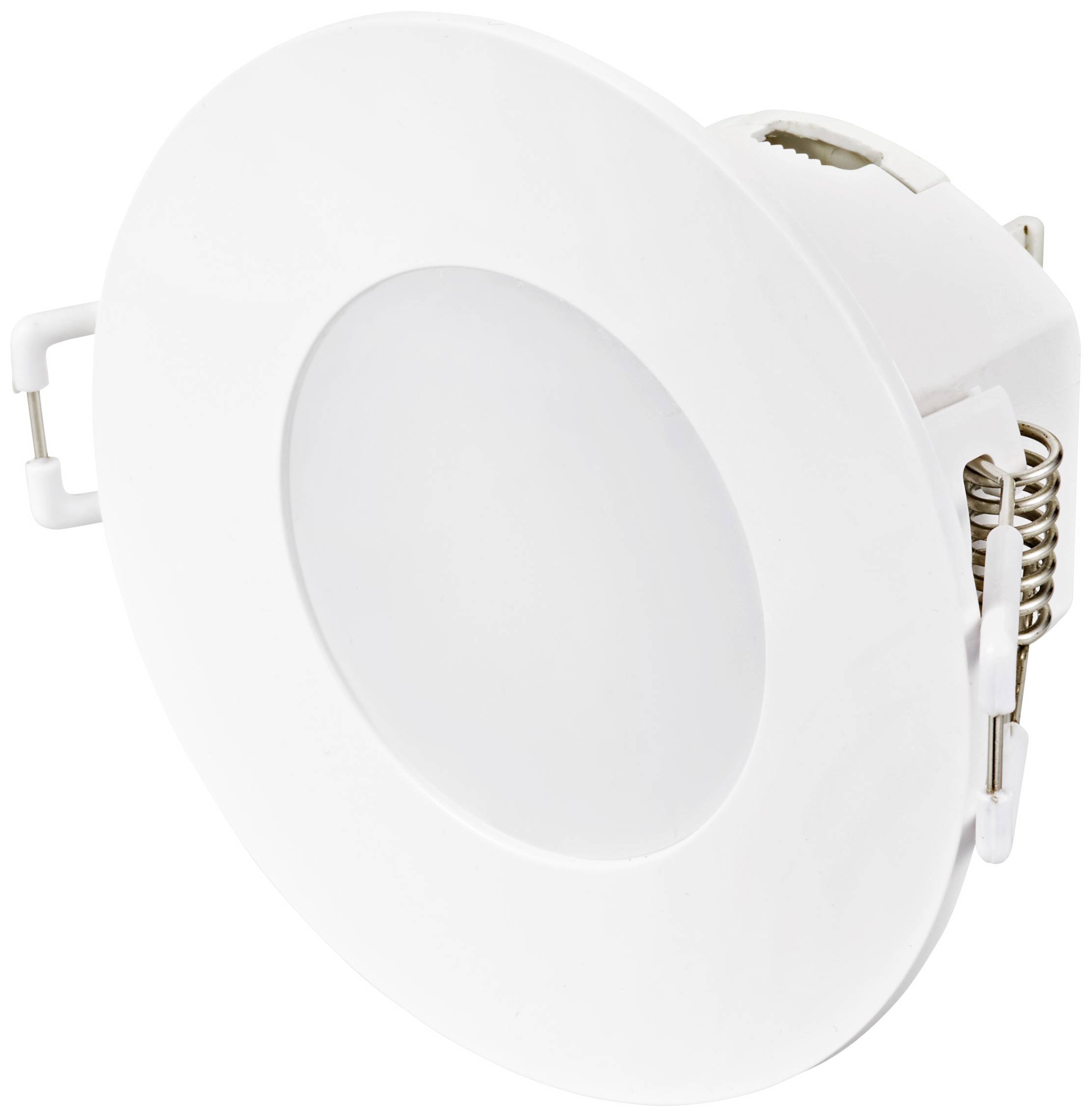 Un luminaire encastré LED rond, blanc, à surface lisse et avec des clips à ressort latéraux pour une installation facile au plafond.