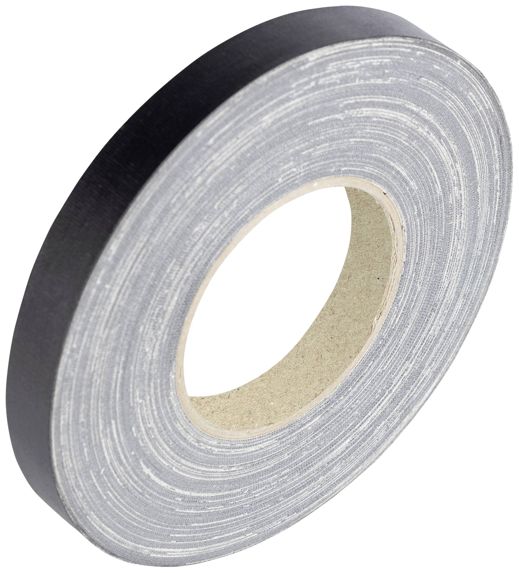 Un rouleau de ruban isolant noir posé sur une surface blanche.