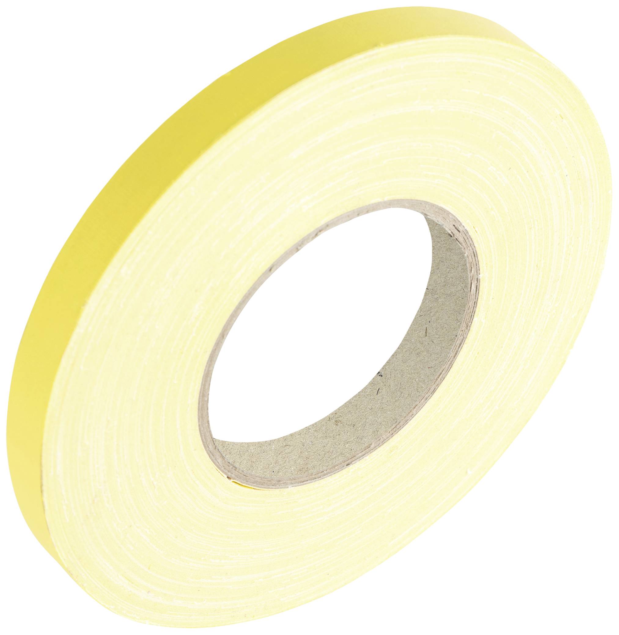 Un rouleau de ruban adhésif jaune, vue diagonale.