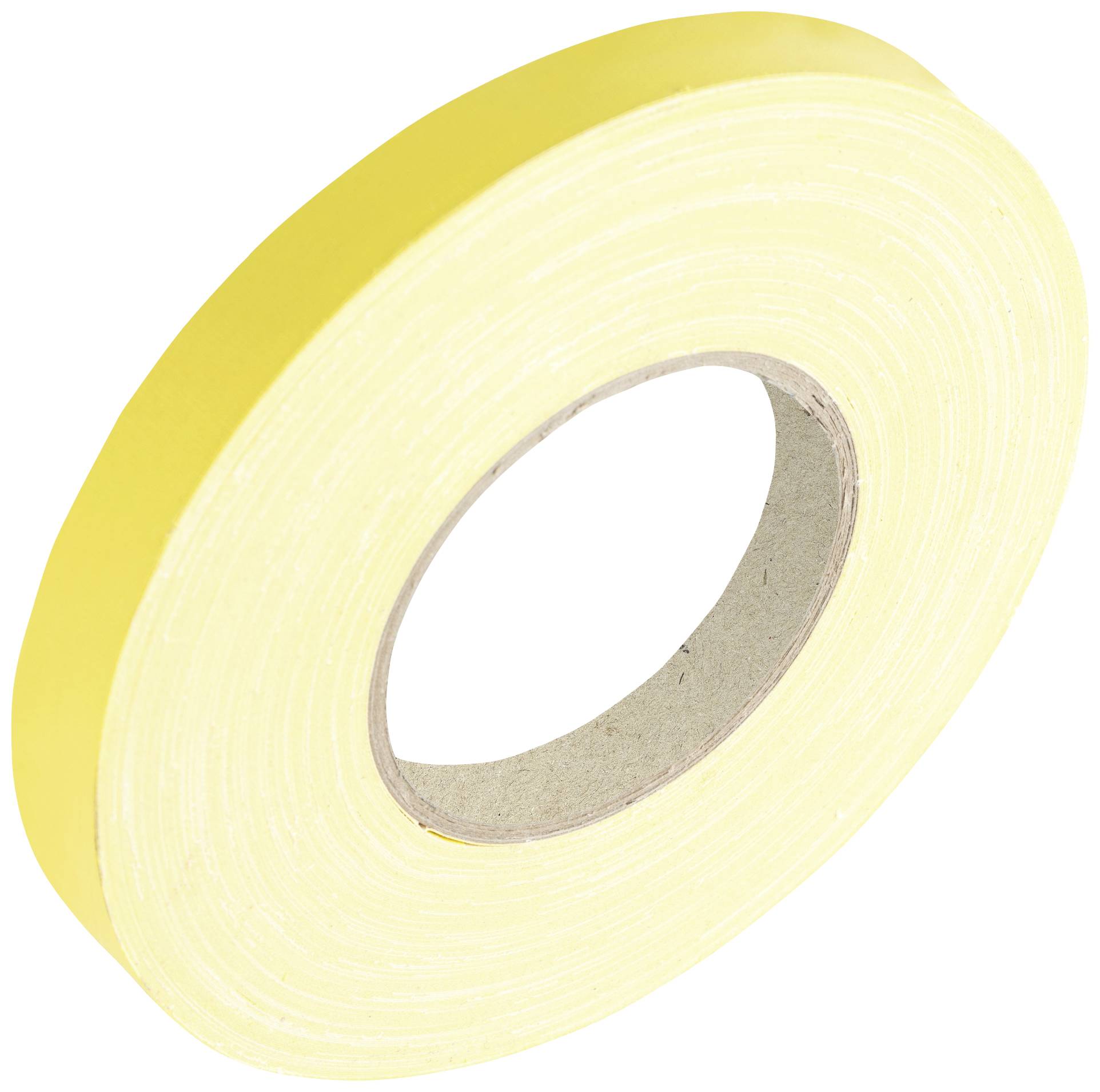 Rouleau de ruban adhésif jaune avec le carton intérieur visible.