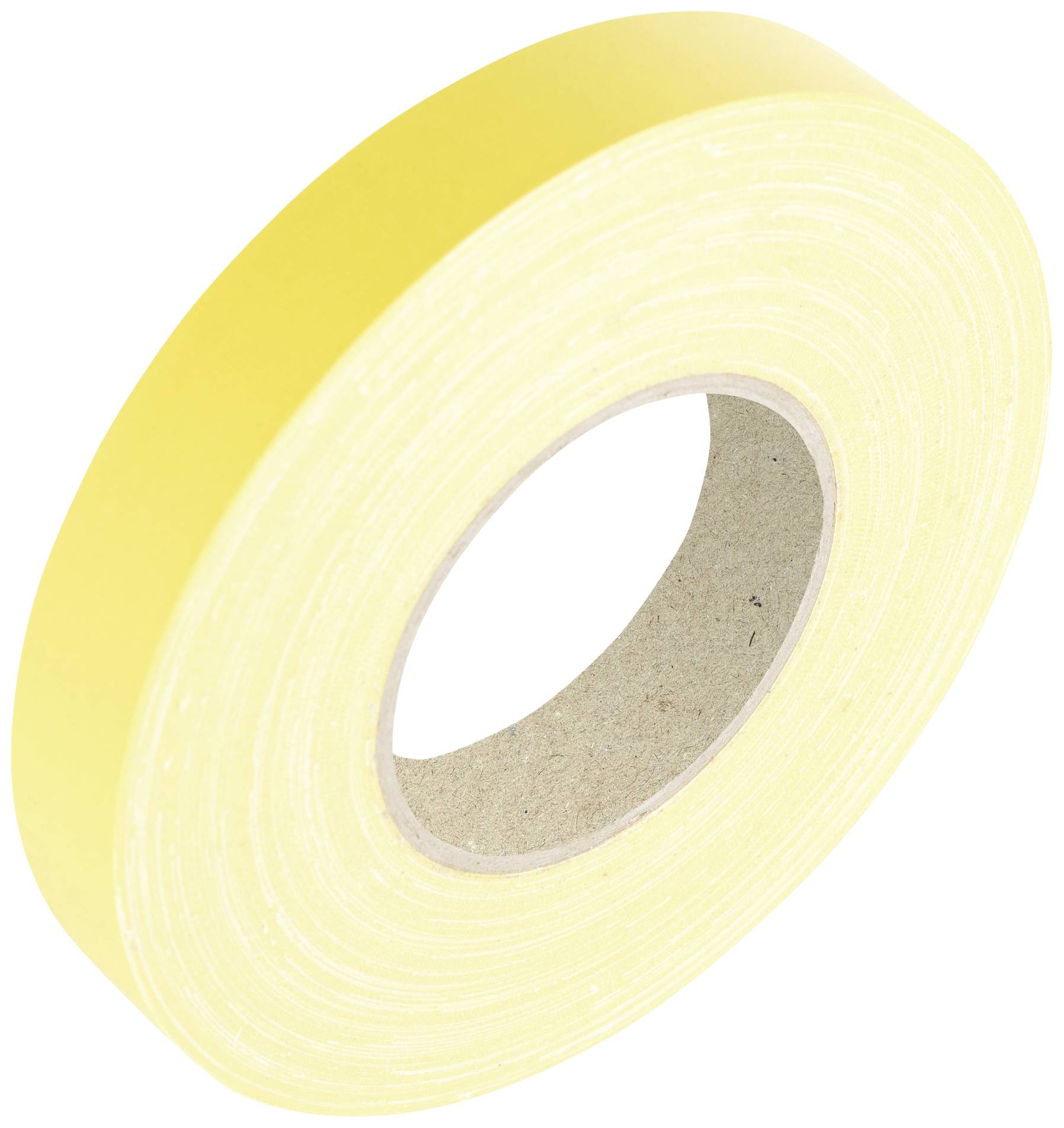 Ruban adhésif jaune, enroulé. Tube en carton intérieur visible. Idéal pour les travaux de fixation généraux.