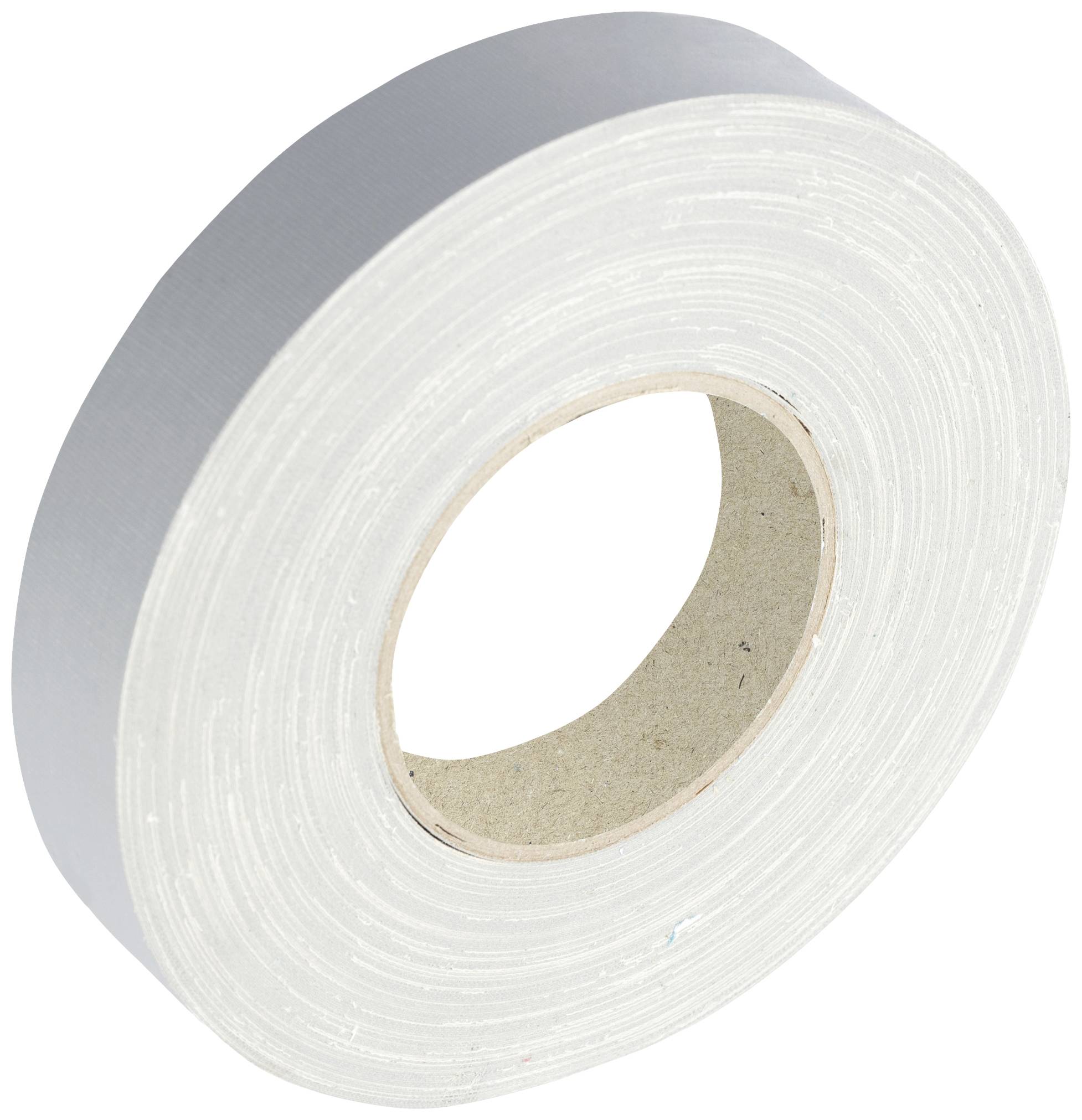 Un rouleau de ruban adhésif gris avec un noyau en carton visible.