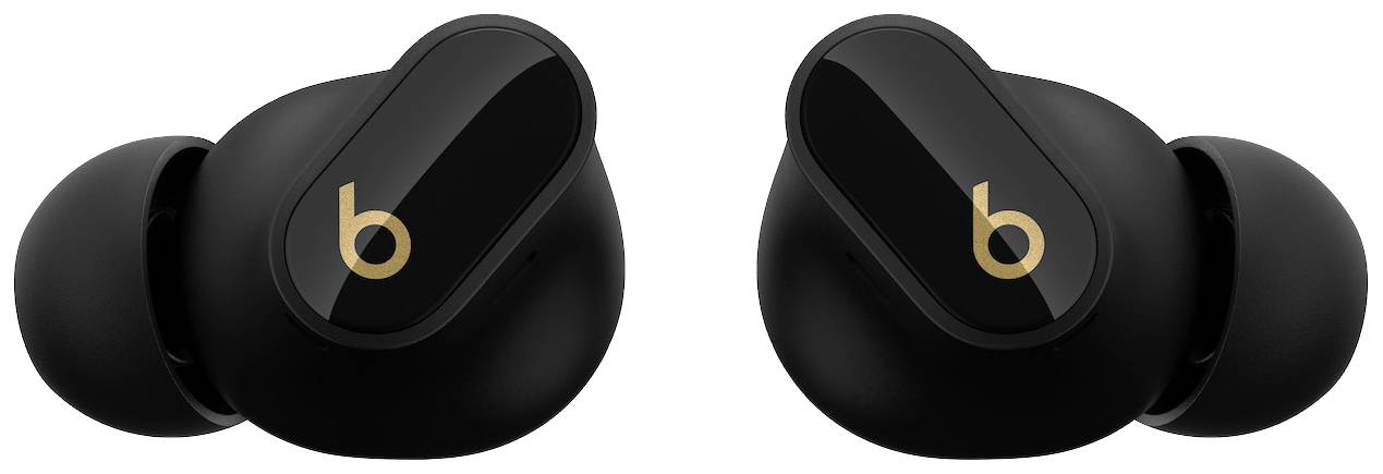 Écouteurs intra-auriculaires sans fil noirs avec logo doré sur chaque embout, représentés sur un fond blanc.