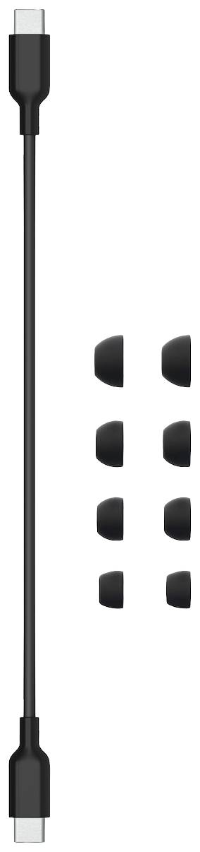 Un câble USB-C noir avec six embouts interchangeables de différentes tailles est représenté.