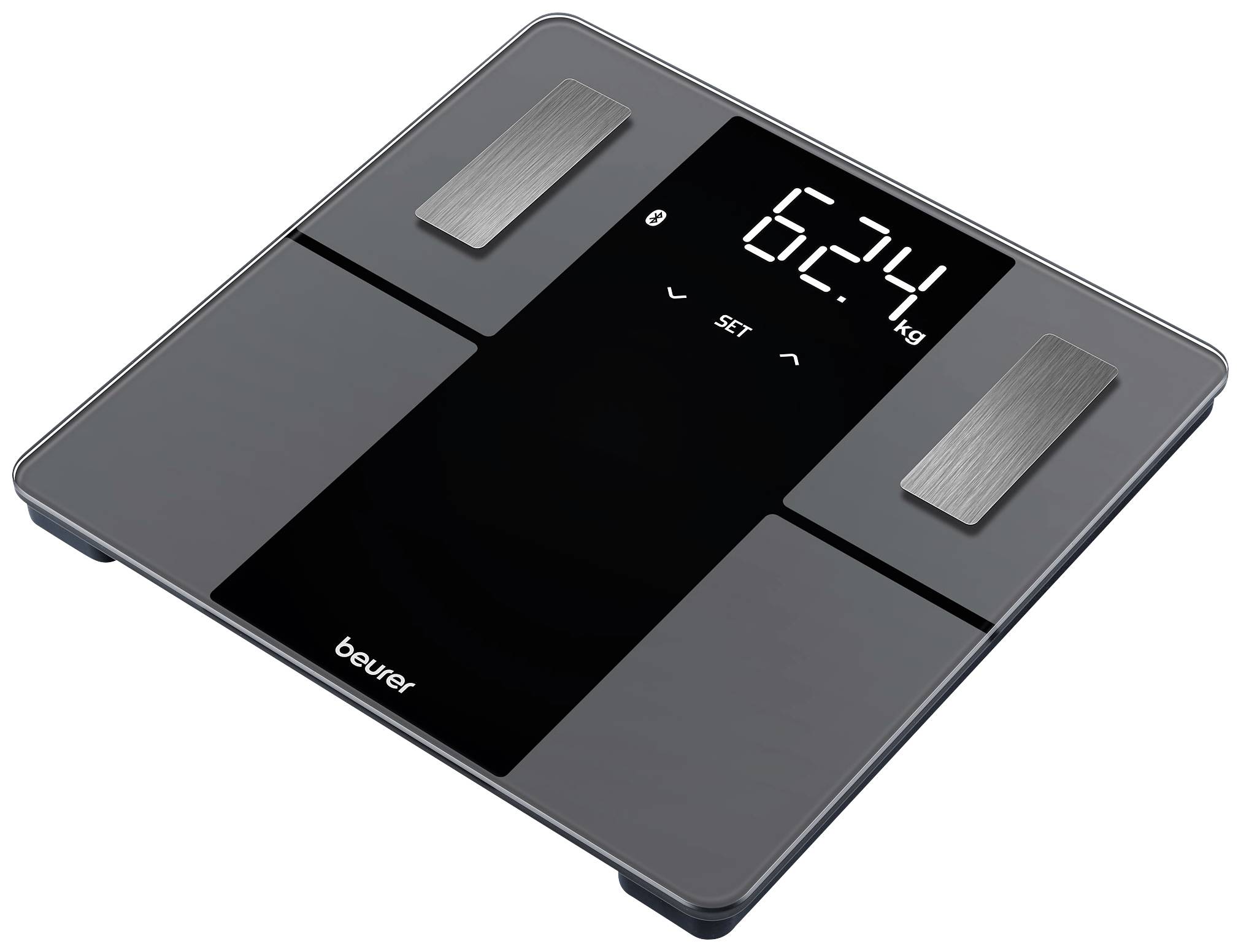 Balance numérique pour personnes avec grand affichage indiquant '62,4 kg'. Design moderne avec surfaces en acier inoxydable.
