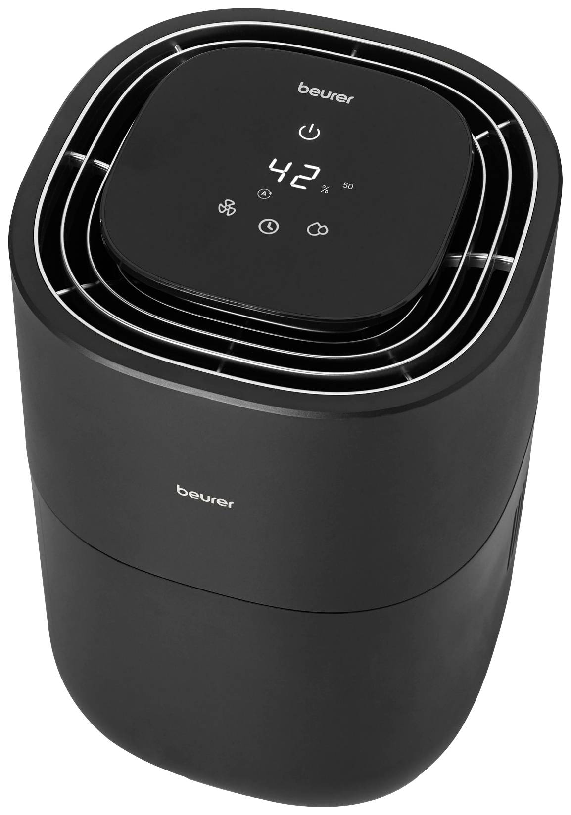 Un purificateur d'air noir avec affichage numérique indique 42 % d'humidité. Le boîtier présente un design moderne aux lignes arrondies.