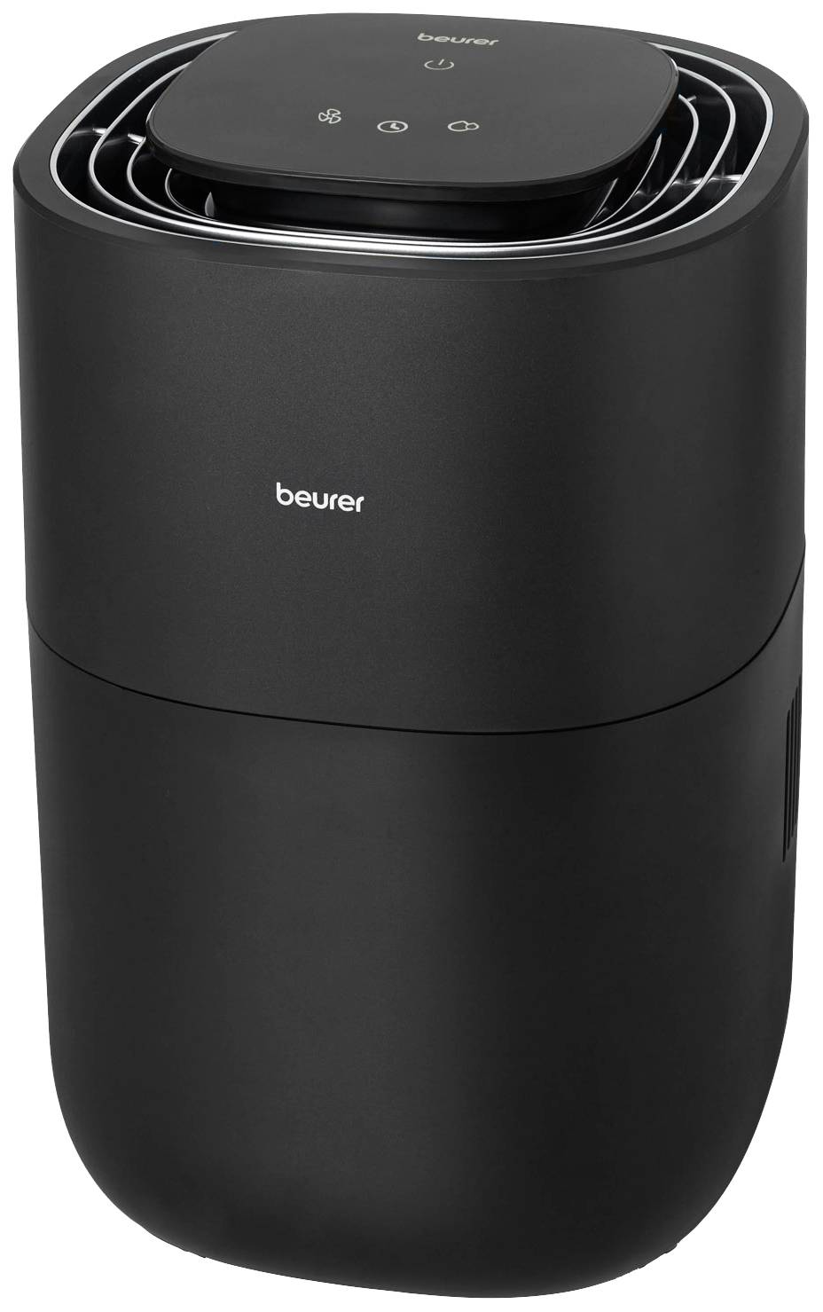 Un purificateur d'air noir de Beurer au design cylindrique moderne avec un panneau de commande sur le dessus.