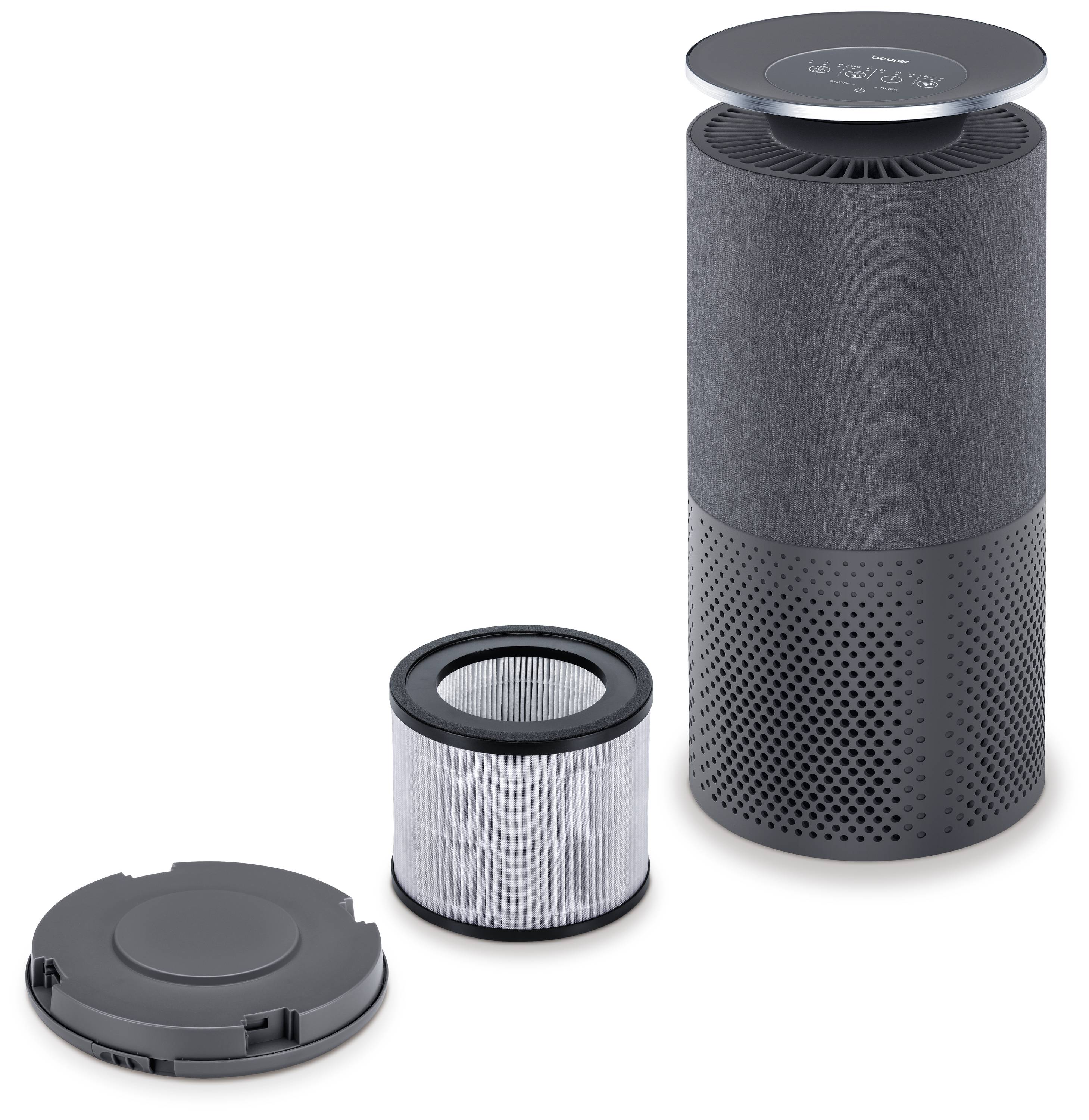 Purificateur d'air avec filtre et couvercle retirés, montrant les différentes pièces de l'appareil. Le filtre est cylindrique et placé à côté de l'appareil.