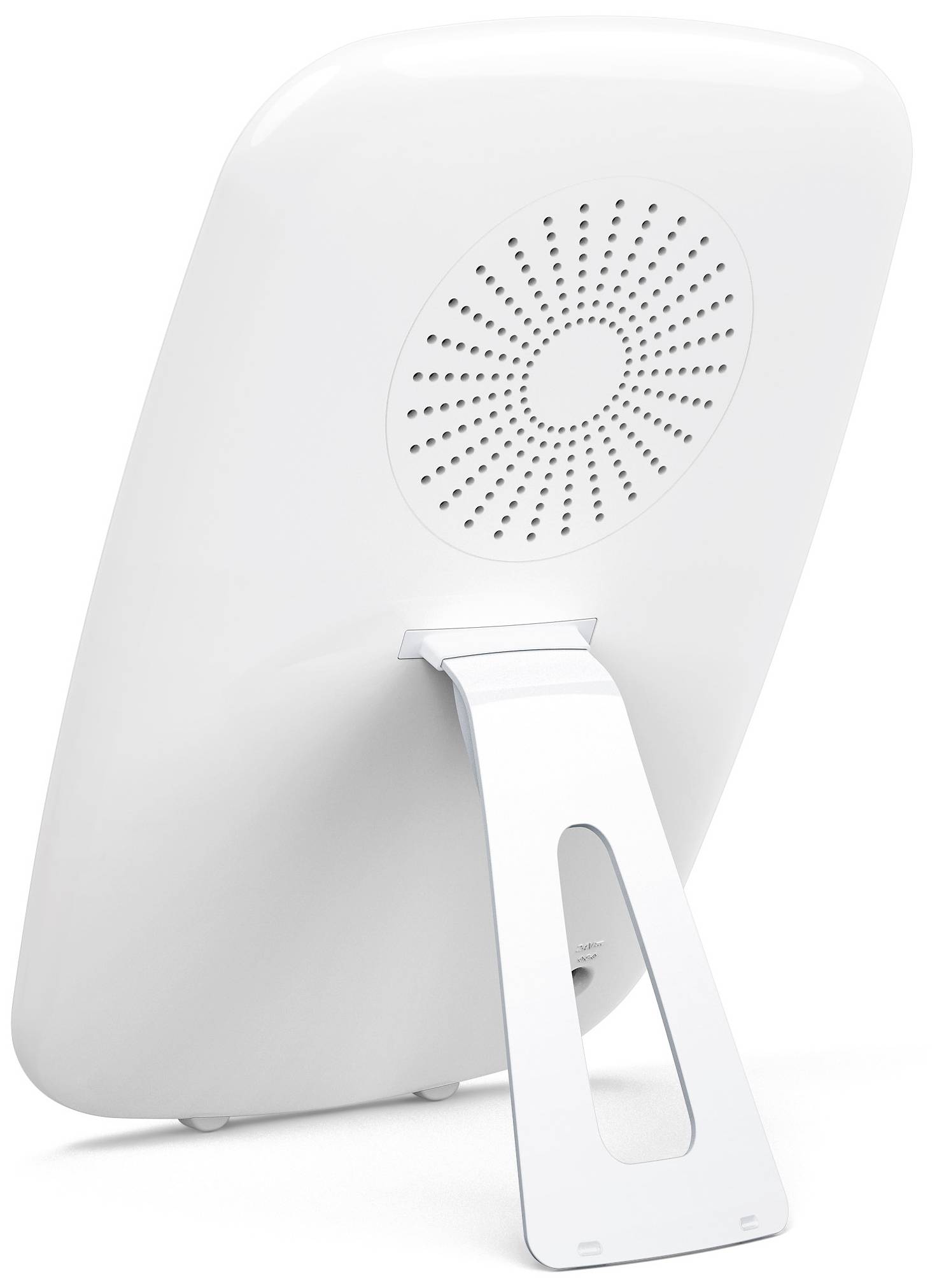 Un haut-parleur portable blanc avec une poignée intégrée et des ouvertures de ventilation à l'arrière.