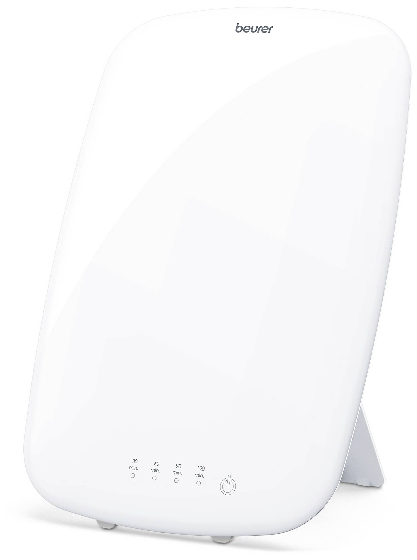 Lampe au boîtier blanc, inclinée vers l'arrière. Le bord inférieur présente différents niveaux de temps et de luminosité.