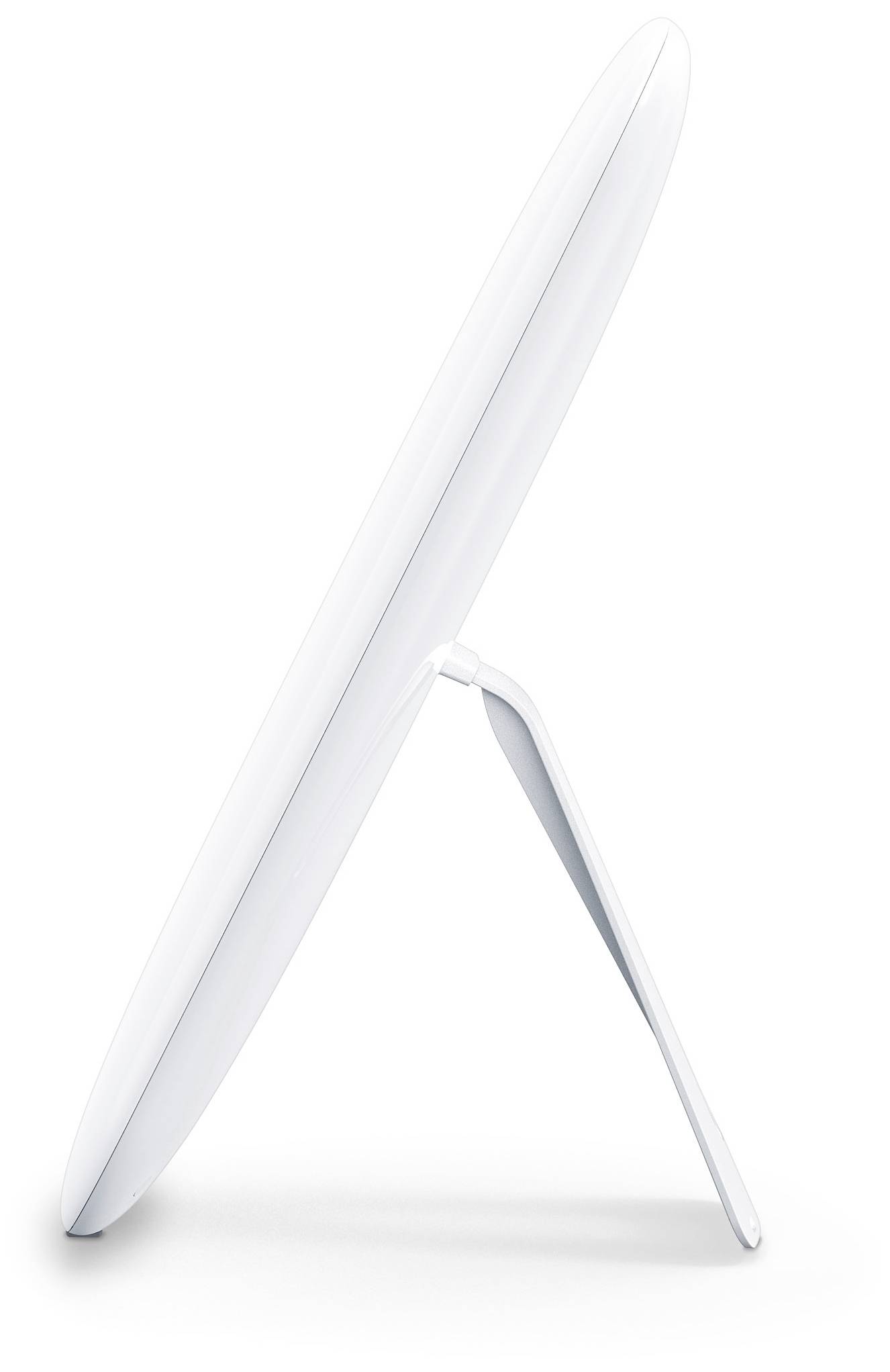 Vue latérale d'un moniteur moderne et fin au design minimaliste, posé sur un support étroit, isolé sur un fond blanc.