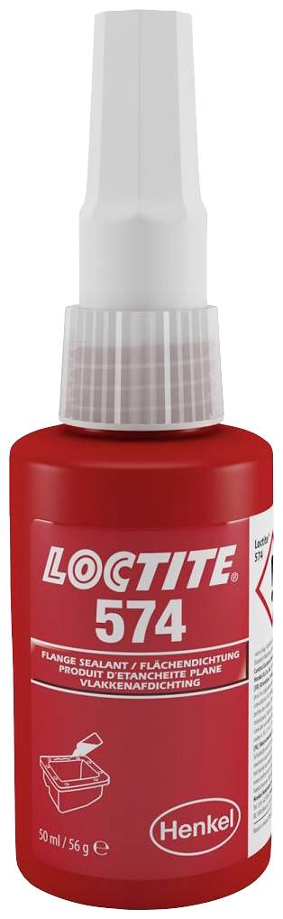 Bouteille rouge 'Loctite 574' de Henkel, 50 ml. Étanche les surfaces.