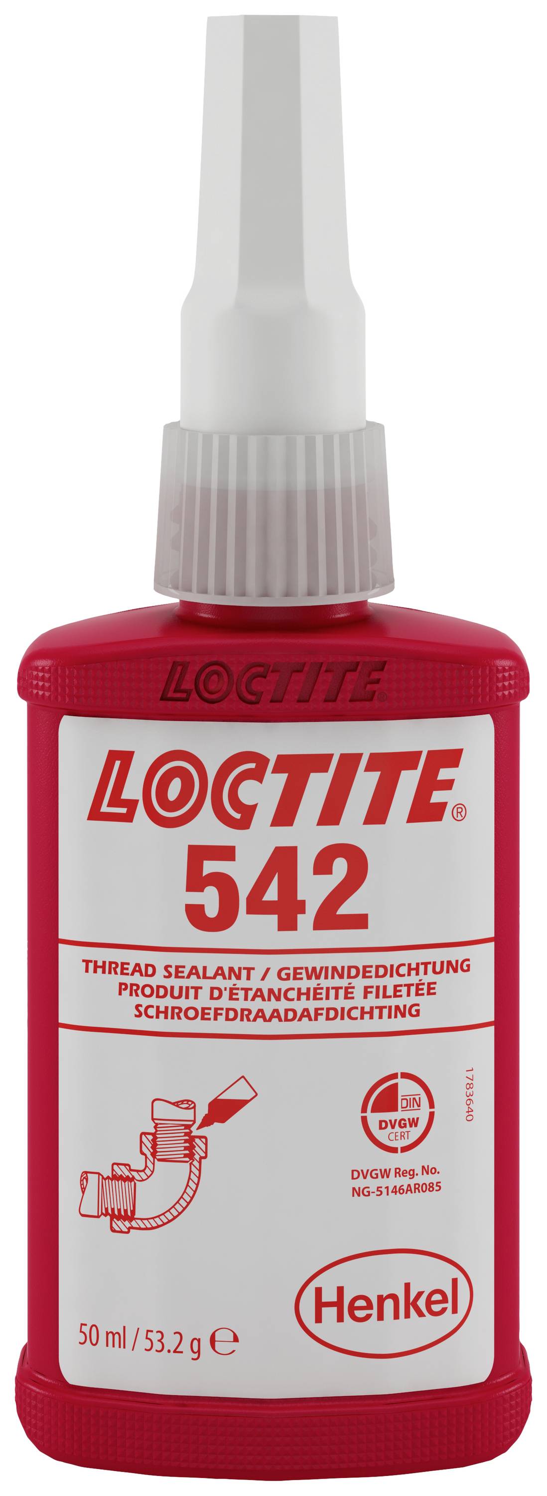 Bouteille de Loctite 542 rouge, 50 ml, étanchéité des filets. Marquage 'Henkel'. Utilisé pour sceller les filets métalliques contre les fuites.