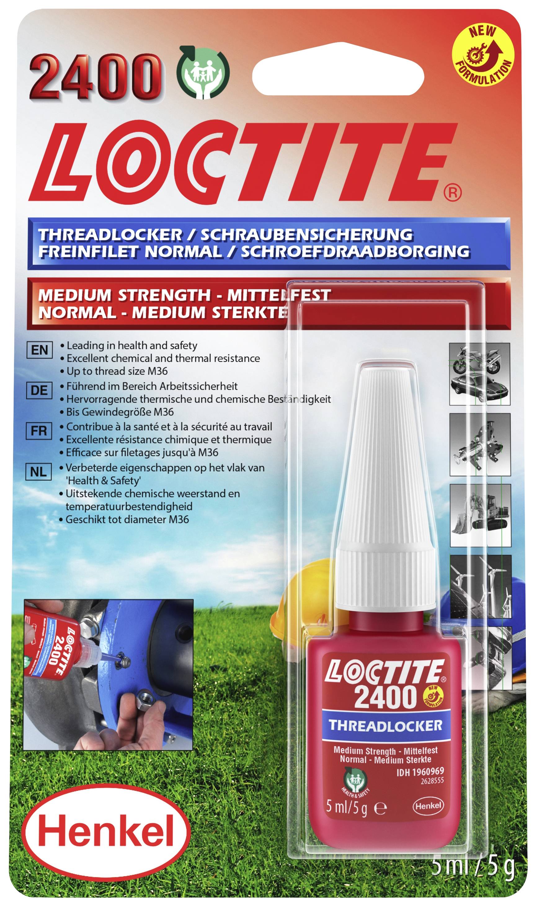 Emballage de frein-filet 'Loctite 2400'. Résistance moyenne pour vis. Texte en plusieurs langues. Flacon de 5 ml.