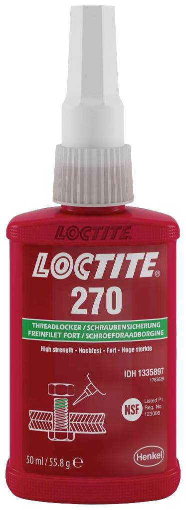 Bouteille rouge avec embout blanc et inscription 'Loctite 270'. Frein-filet haute résistance, 50ml. Adapté pour les vis.