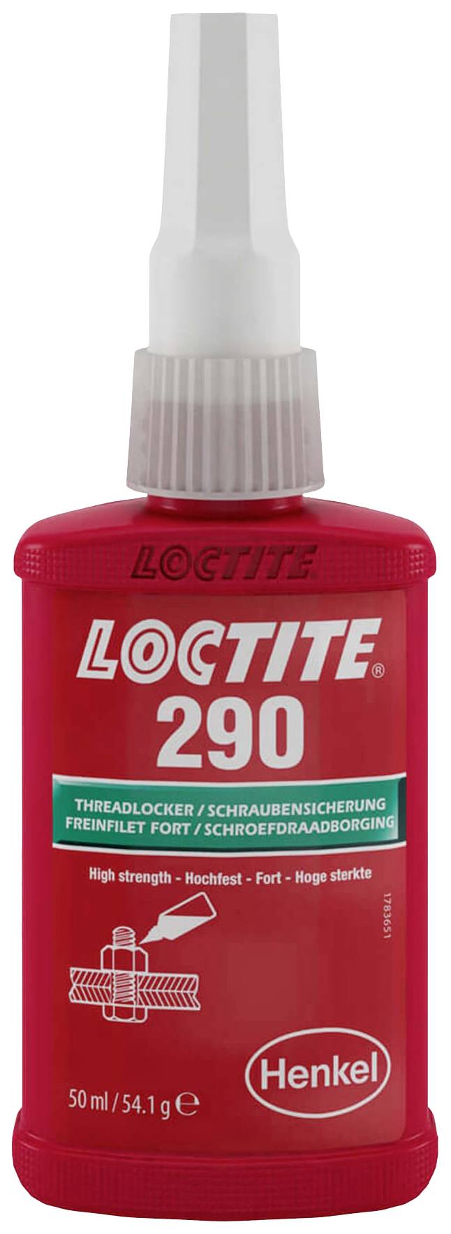 Bouteille rouge portant l'inscription « LOCTITE 290 », un frein-filet de Henkel, 50 ml.