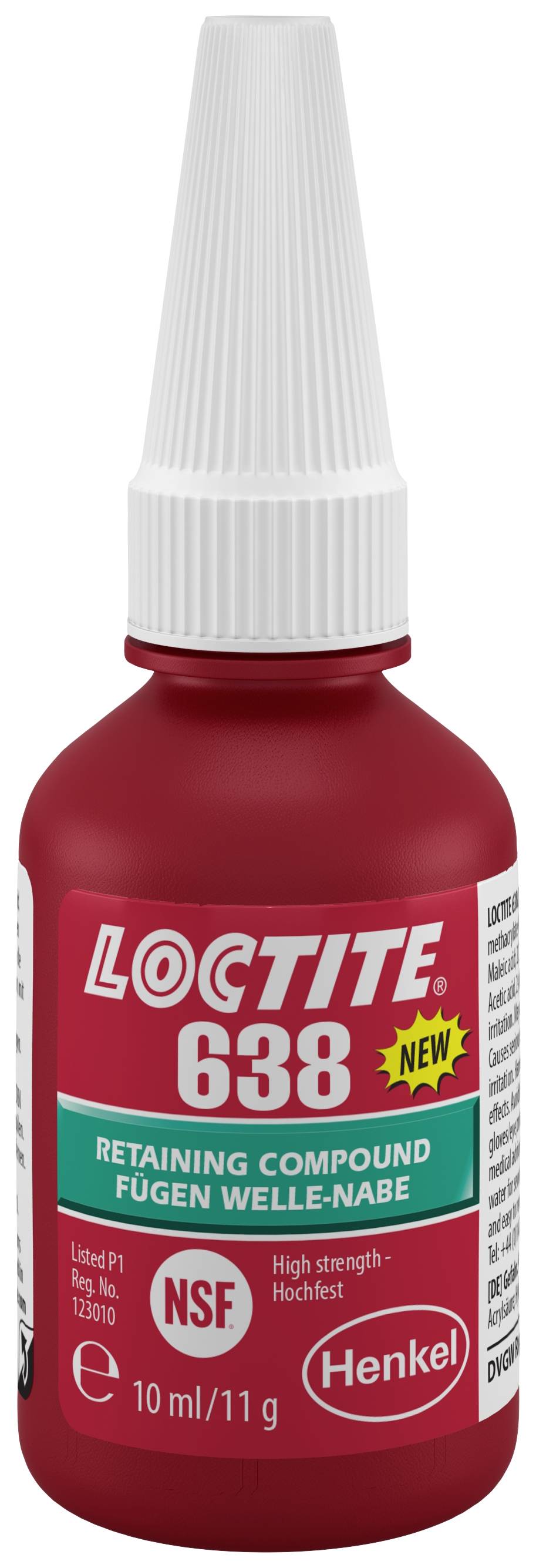 Bouteille rouge avec embout blanc, étiquette : « LOCTITE 638 ». Logo Henkel, texte sur « Retaining Compound » et « Assemblage arbre-moyeu ». 10 ml/11 g.