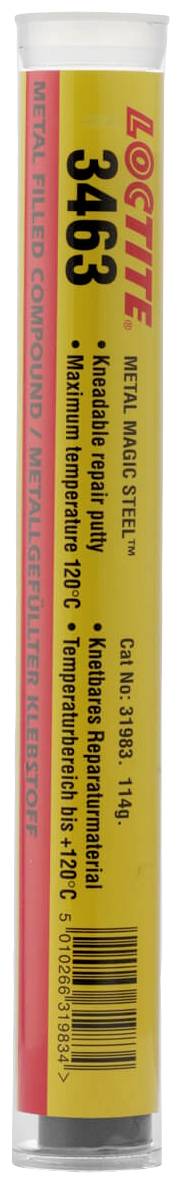 Tube avec inscription 'Loctite 3463 Metal Minute', contenance de 114 g. Adapté pour les réparations rapides de métal. Température maximale : 121°C.