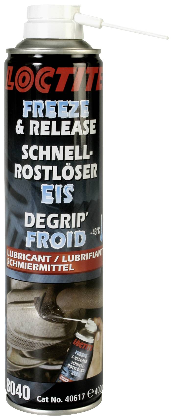 Bombe aérosol Loctite portant l'inscription 'Freeze & Release' et 'Dégrippant rapide'. Contient un lubrifiant, 400 ml.